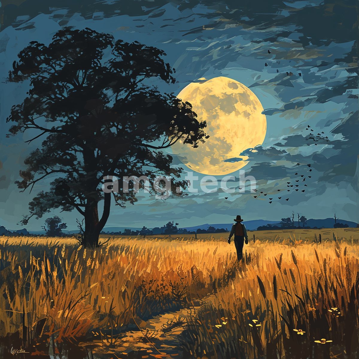 Beneath a swollen golden moon, a lone hatted figure walks a path through ripe wheat past a solitary spreading tree.