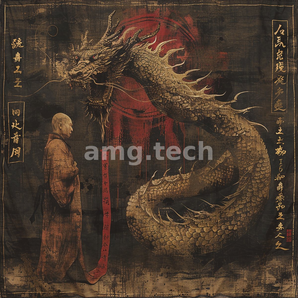 A shaven ascetic stands in quiet communion with a great gilded serpent coiling before a blood-red sun, aged upon weathered silk.