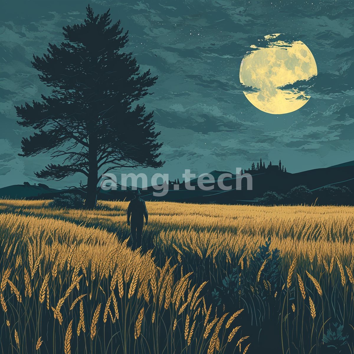 A screen-print reverie of a lone walker crossing amber fields toward distant hills beneath a rising full moon and towering pine.
