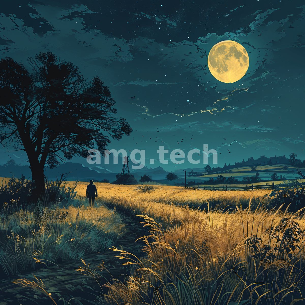 A solitary traveller follows a moonlit track through golden grasses, the full moon casting silver light over rolling farmland.