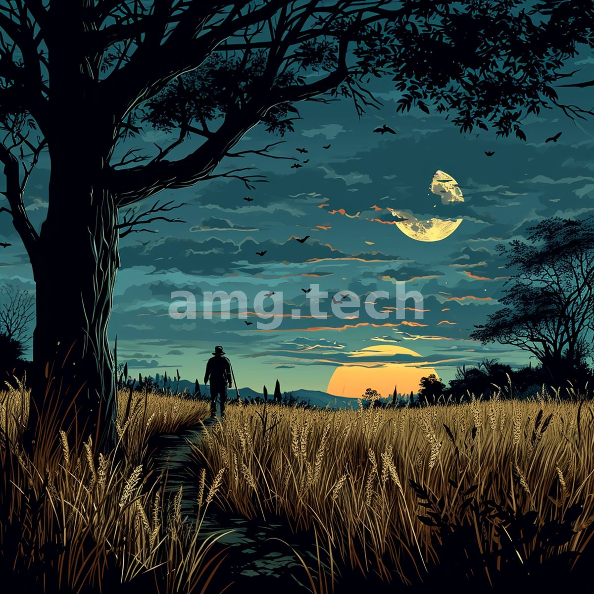 A lone figure walks a footpath through tall grasses at dusk, birds scattering beneath a crescent and a fading sunset.