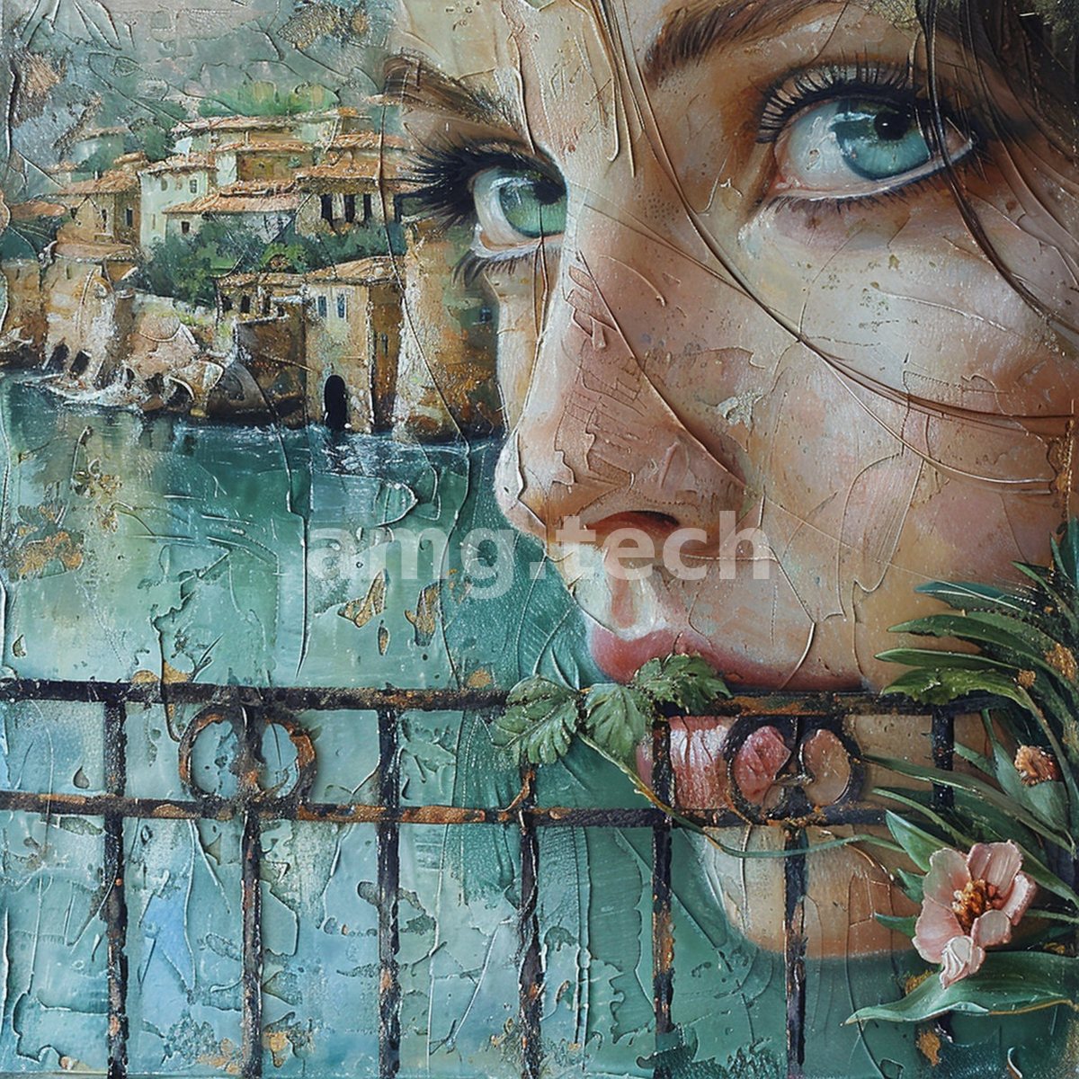 A young woman's pensive face merges with a pastel coastal village and wrought-iron railing, textured in cracked, painterly plaster and gilt.