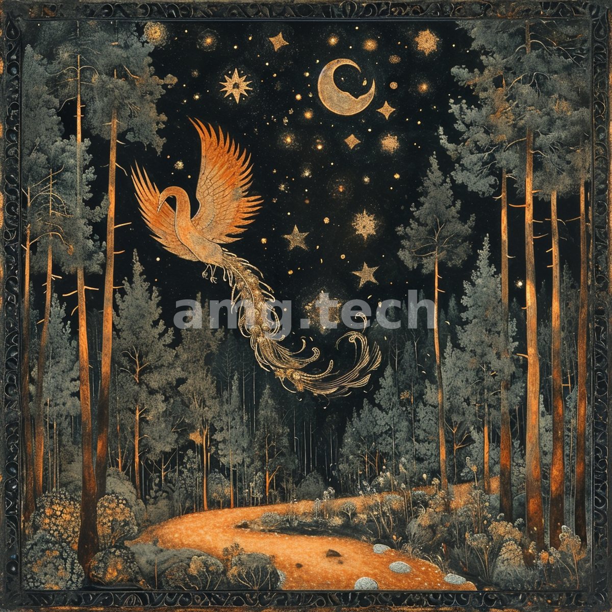 A golden phoenix ascends through a starlit forest toward a crescent moon, framed as an ornate tapestry of copper and midnight tones.