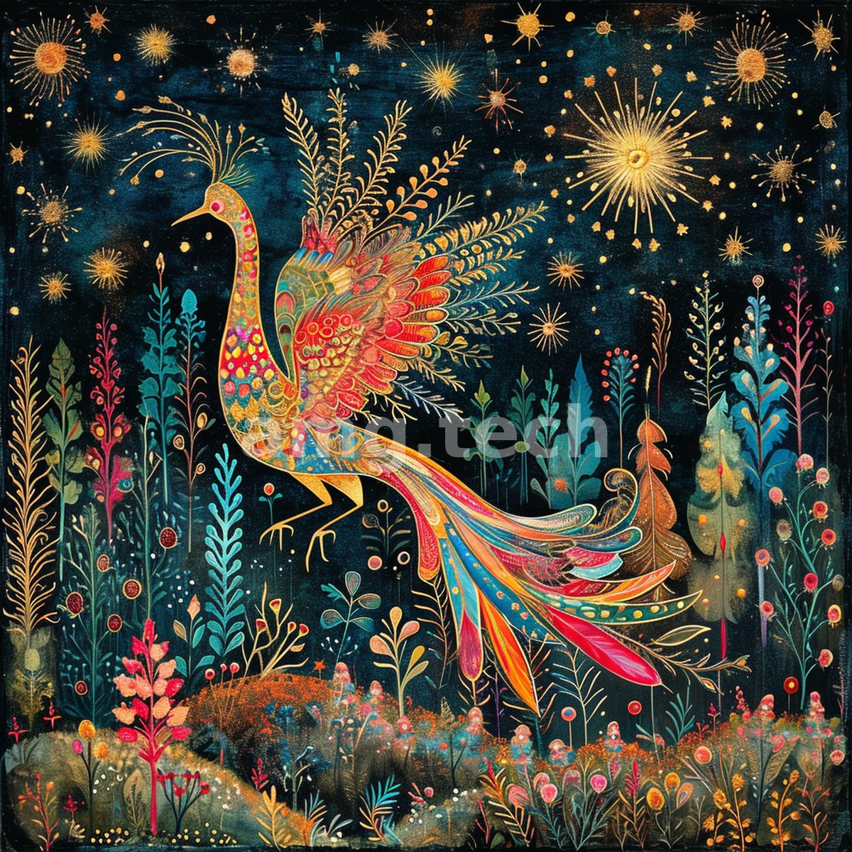 A jewel-plumed bird strides through a folk-art garden of glowing flora and golden starbursts against a deep indigo sky.