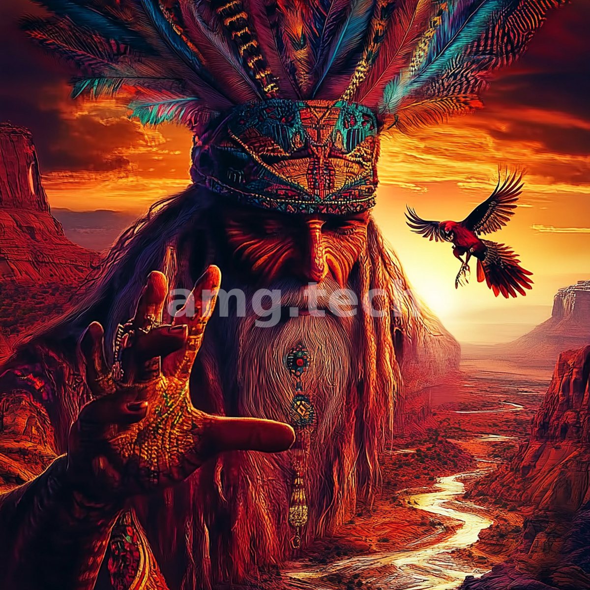A feathered shaman looms over a fiery desert gorge as a scarlet macaw takes flight into the blazing sunset.