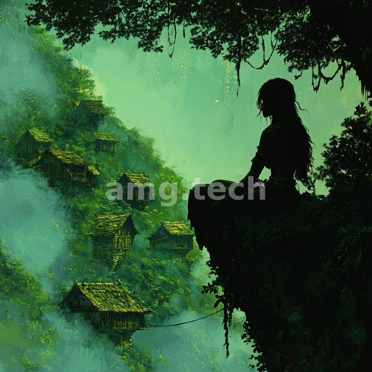 Silhouetted at the edge of a verdant ravine, a long-haired figure surveys stilted dwellings wreathed in emerald mist.