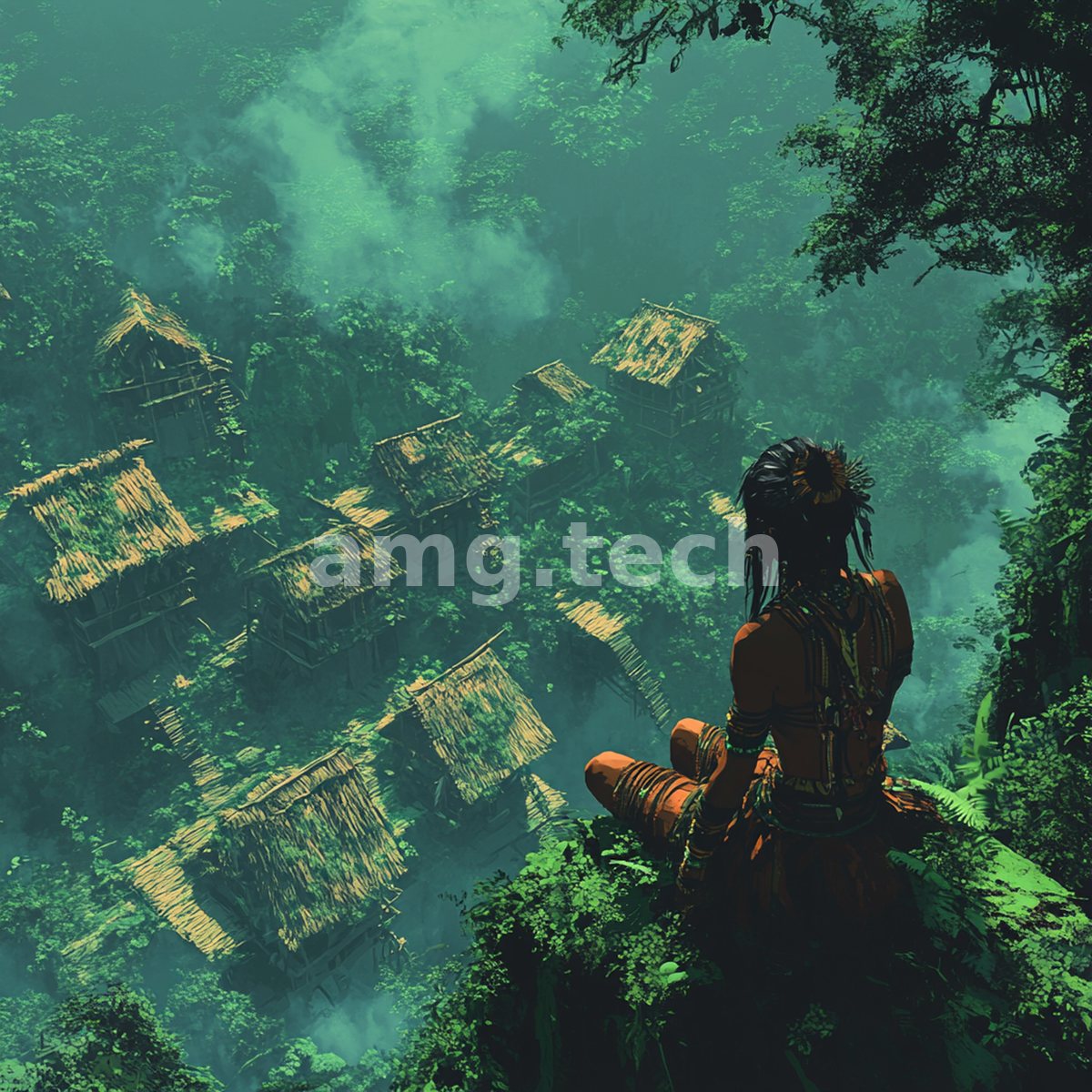 From a high jungle perch a lone figure gazes down upon thatched huts nestled among mist-laden green forest.