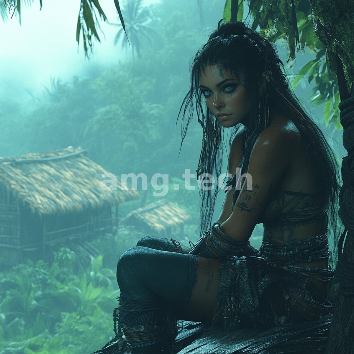 A tattooed warrior rests on a mossy ledge above a fog-shrouded rainforest hamlet, her gaze turned to the viewer.