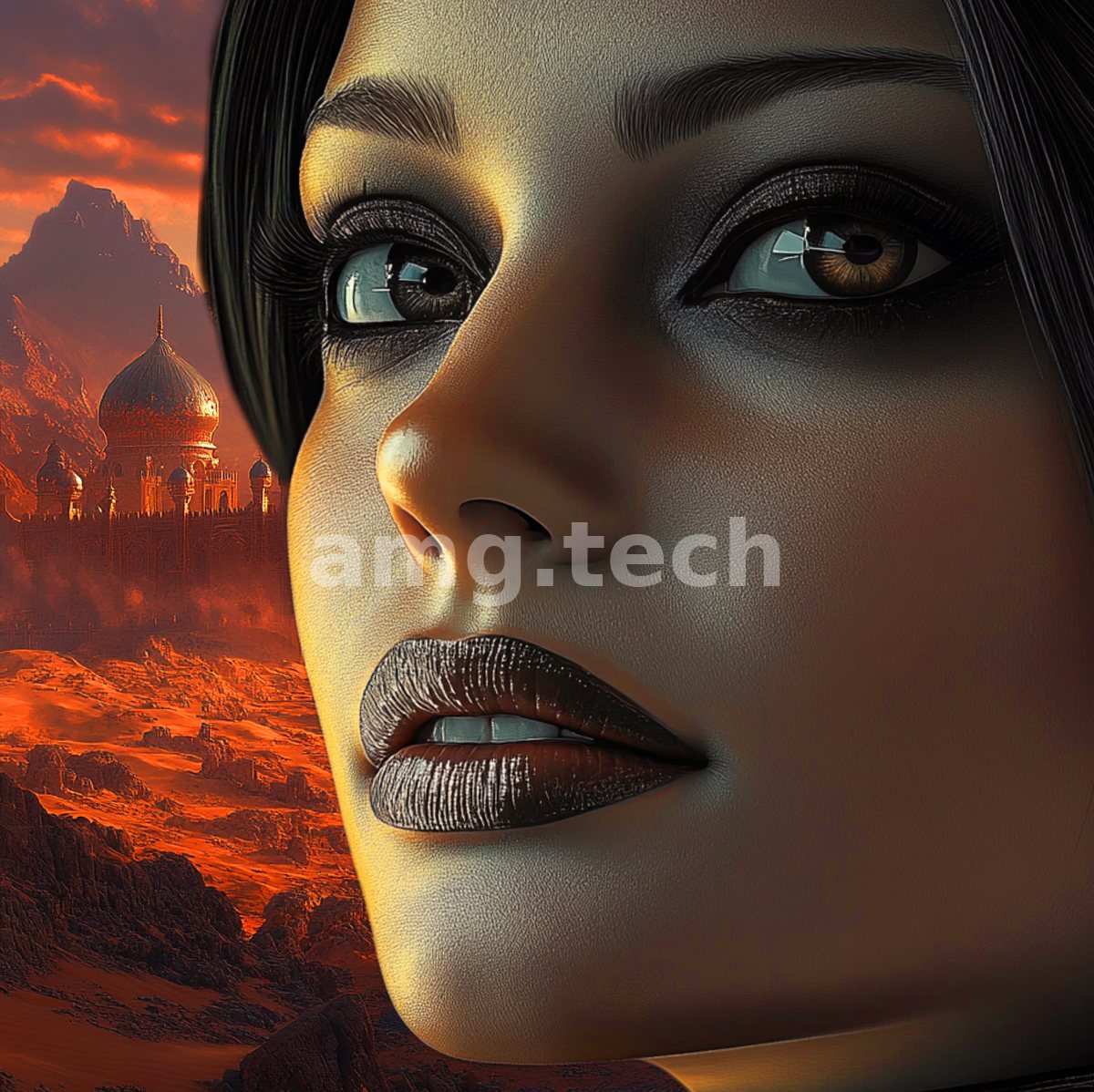 A serene woman's face fills the frame in burnished gold light while a domed palace rises over crimson dunes behind her.