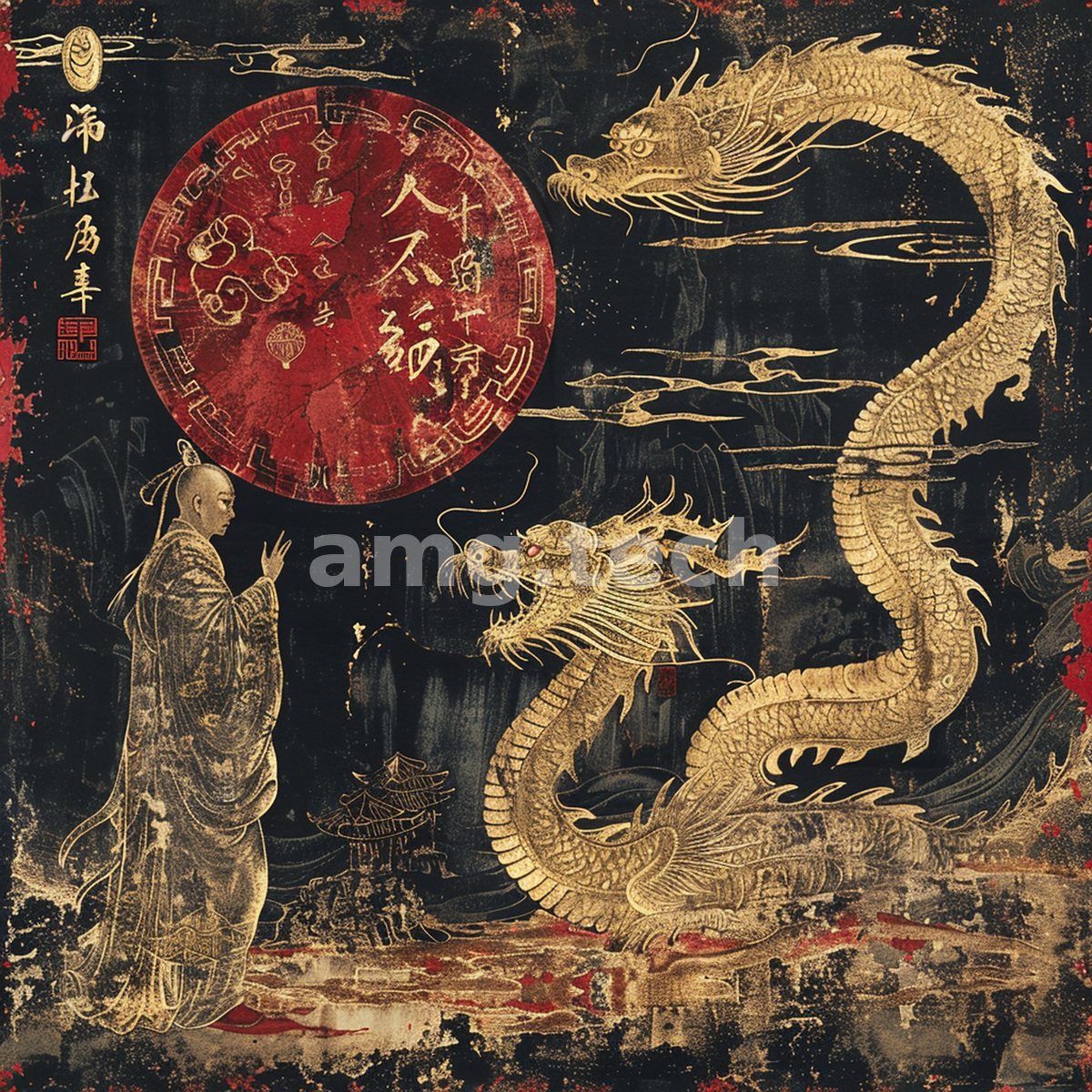 Two resplendent gold dragons wheel around a scarlet medallion as a robed sage raises his hand in reverent salute across the night.