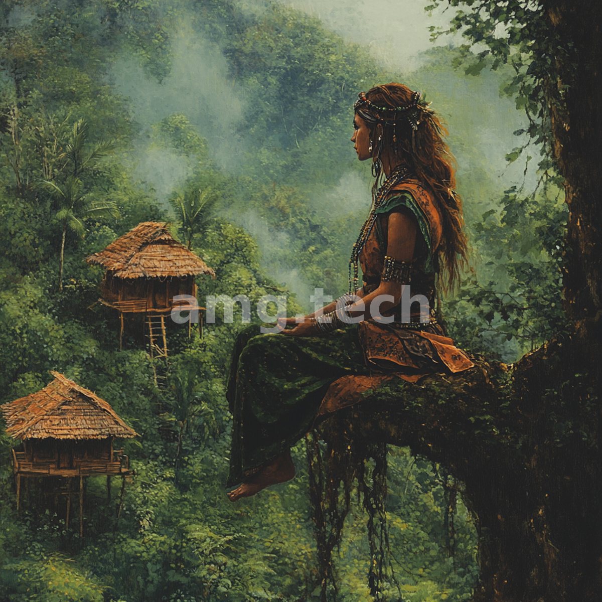 Adorned in beads and jewels, a woman sits upon a moss-draped branch overlooking thatched stilt-houses in a misty valley.