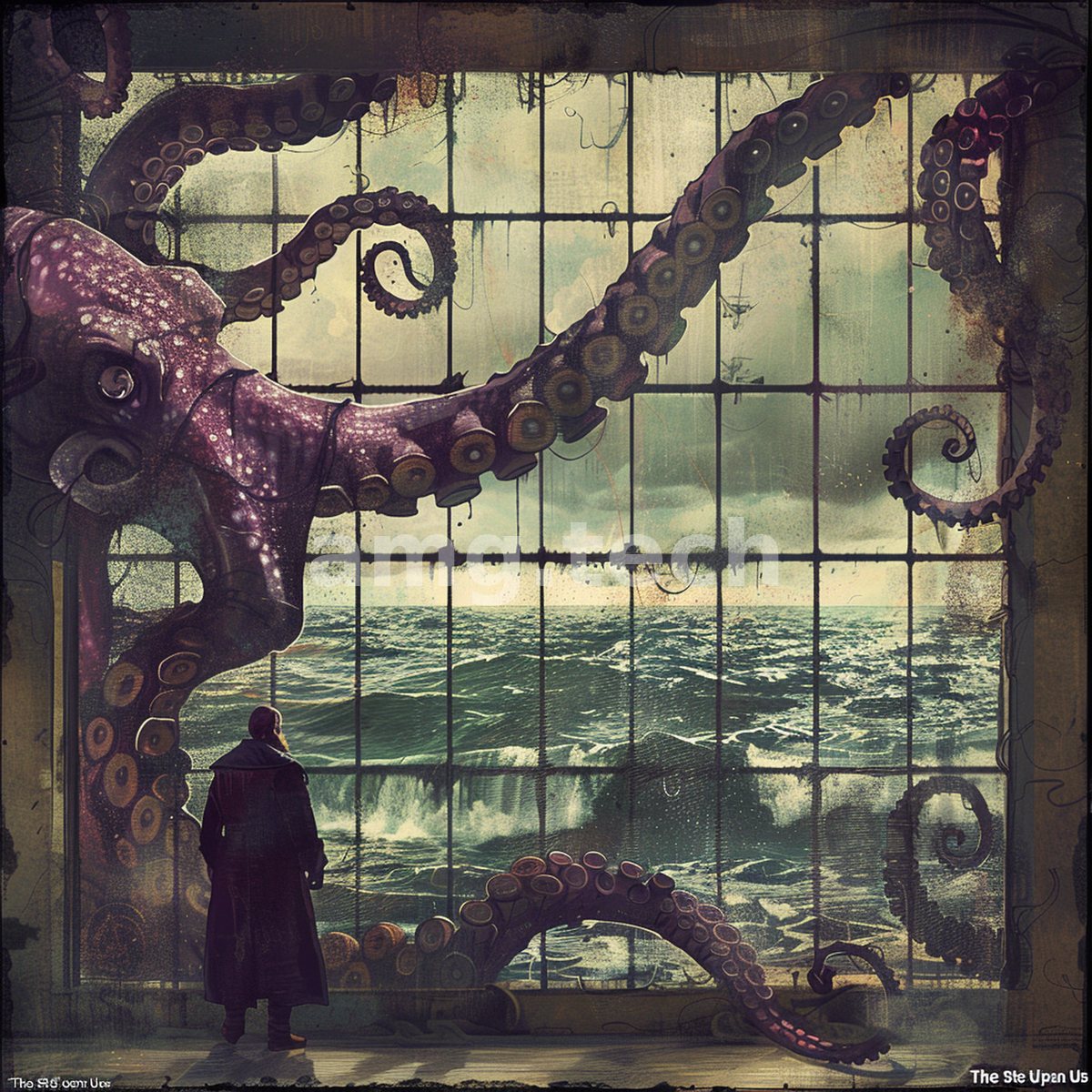 A solitary figure faces a vast latticed window as a colossal octopus presses against the storm-wracked glass beyond.