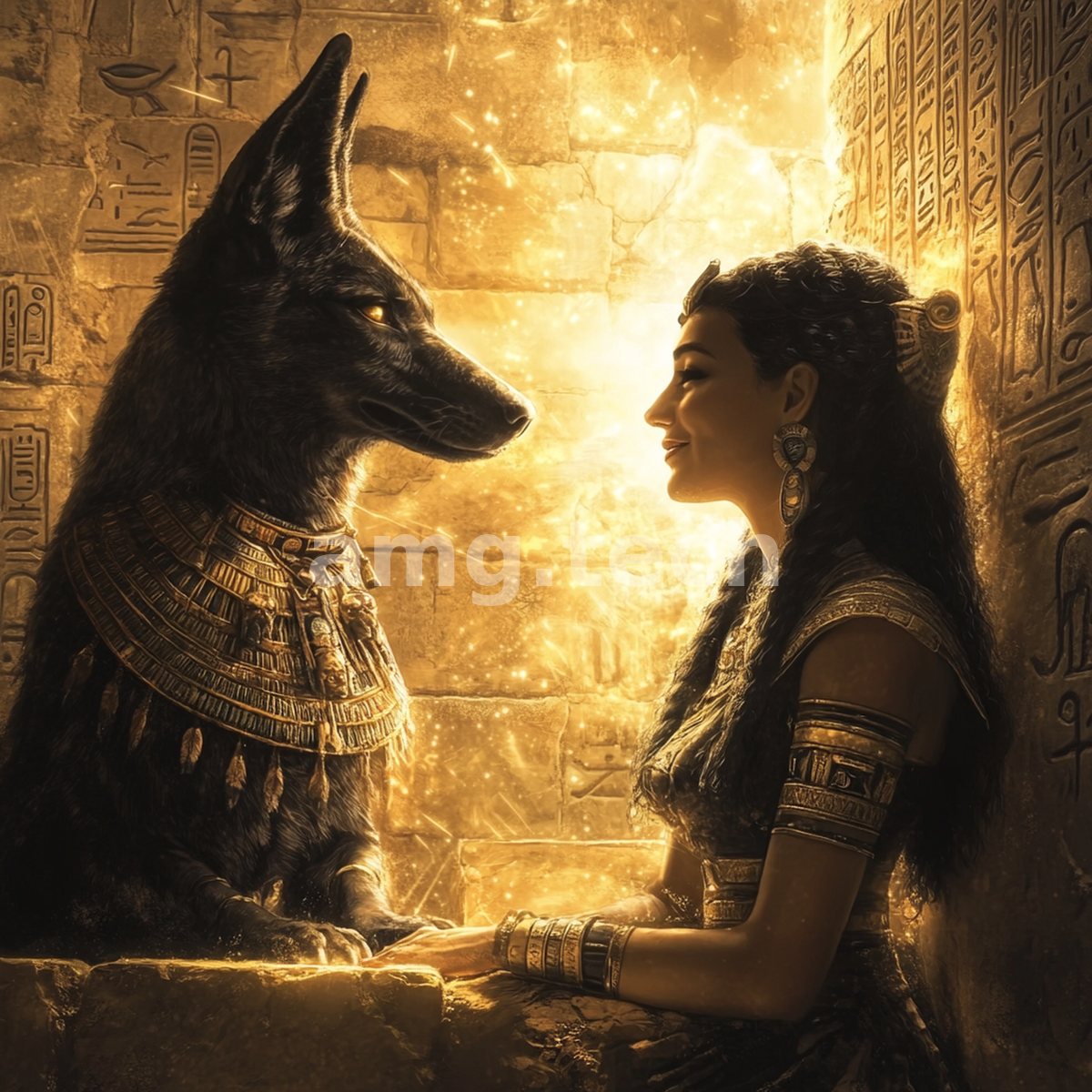 Bathed in golden temple light, a jackal-headed deity and a bejewelled Egyptian woman meet in a moment of quiet communion.