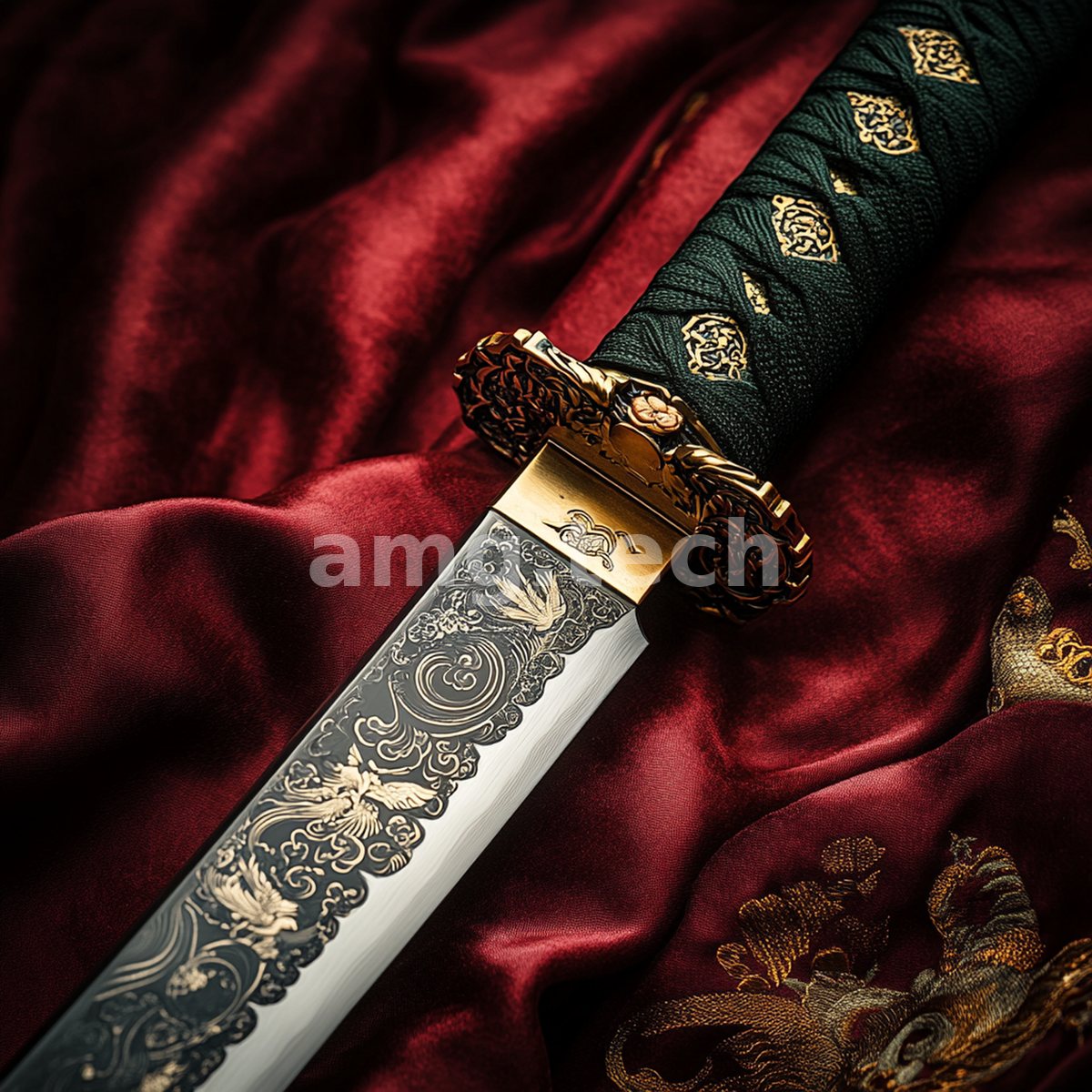 An engraved sword with a gold-fitted hilt rests upon folds of deep crimson silk embroidered in gilt thread.