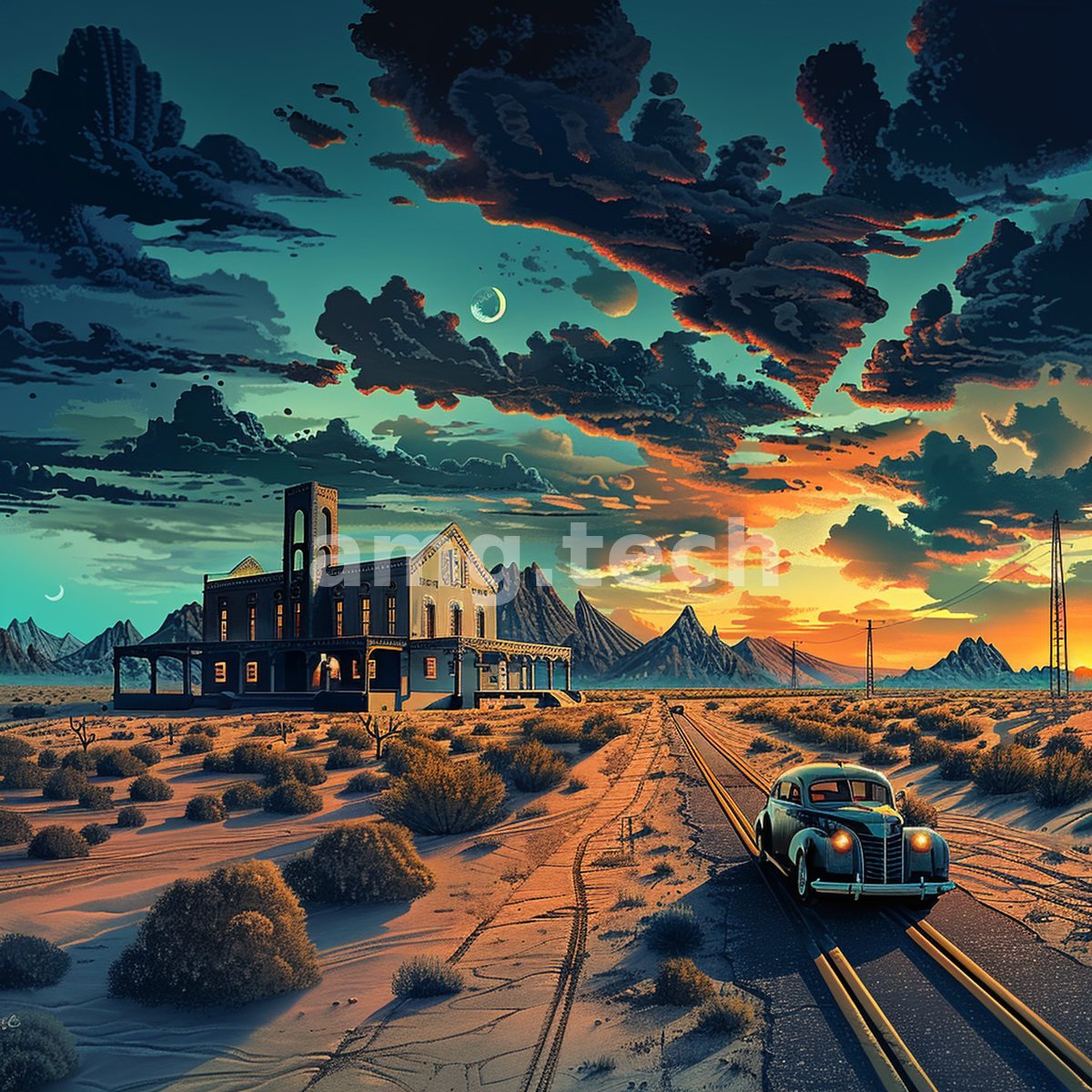 A vintage automobile crosses the desert toward an abandoned mansion beneath a turbulent, fire-lit sky and a slender crescent moon.