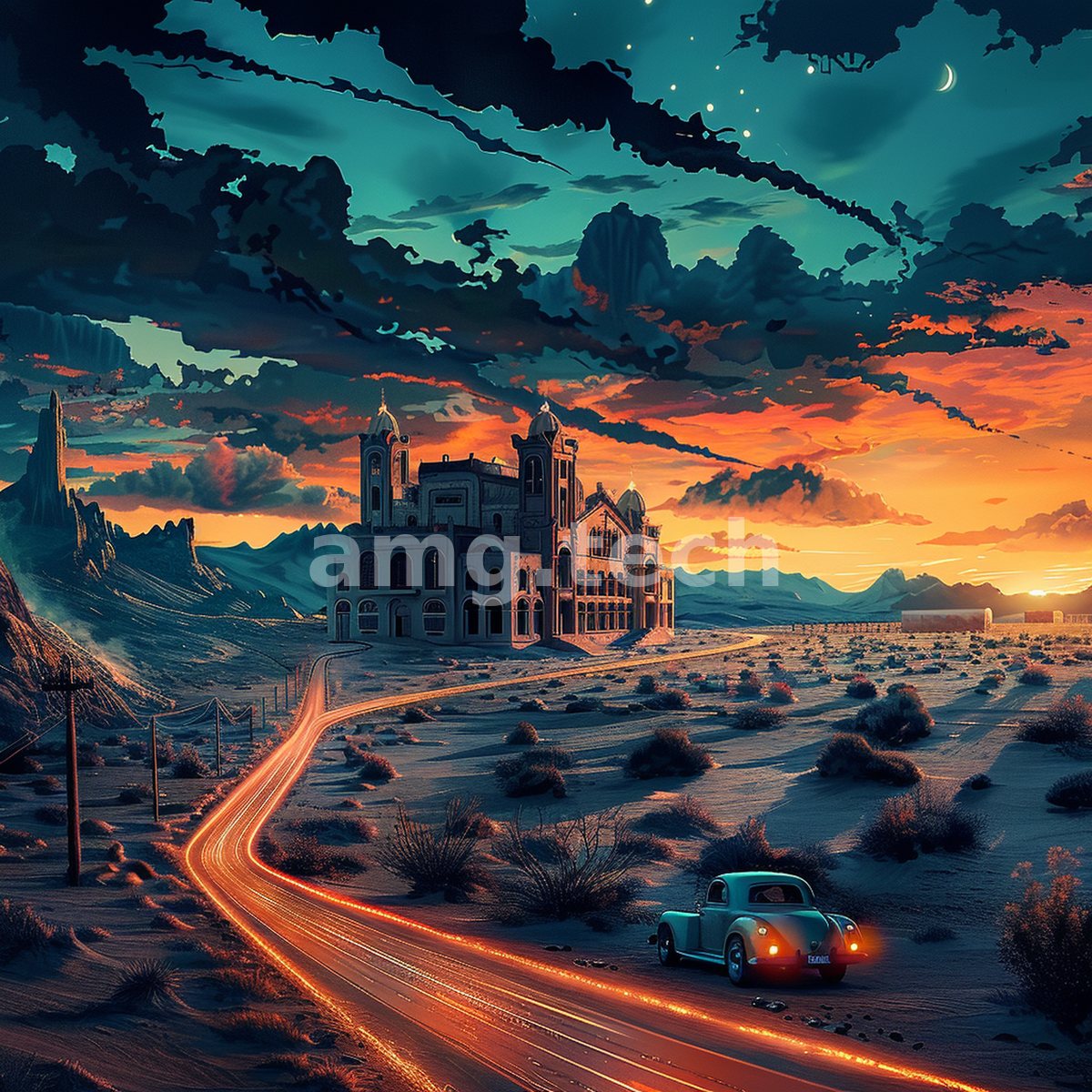 Ribbons of light trace a desert road toward a spired palace silhouetted against a blazing sunset horizon.