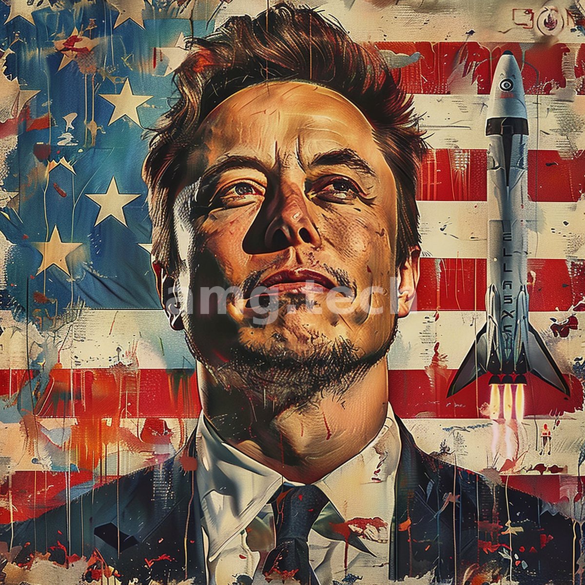 A painterly portrait of a determined man set against a weathered American flag, a launching rocket rising at his shoulder.