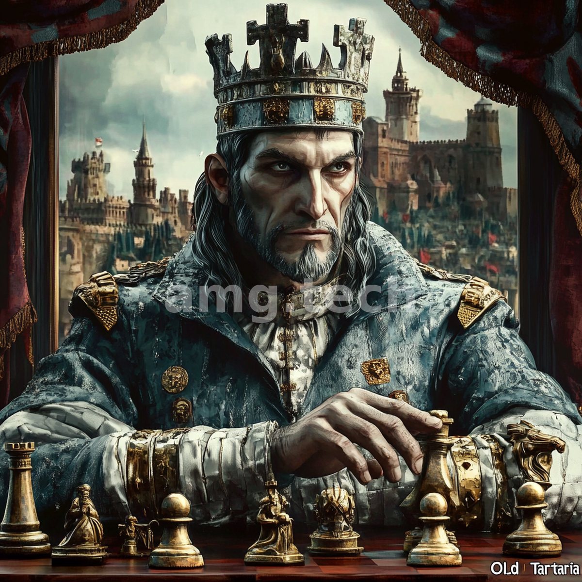 A crowned monarch in armour broods over a golden chess set, ramparts and towers rising through the window behind him.
