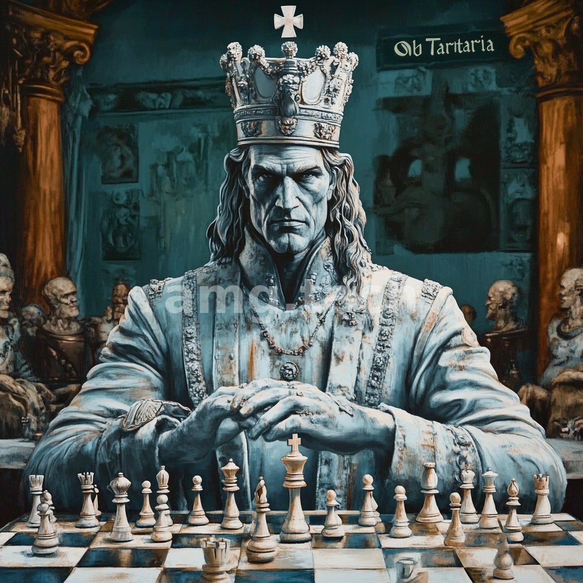 A stern crowned sovereign in pale robes presides over a chessboard while shadowed courtiers watch from the gloom.