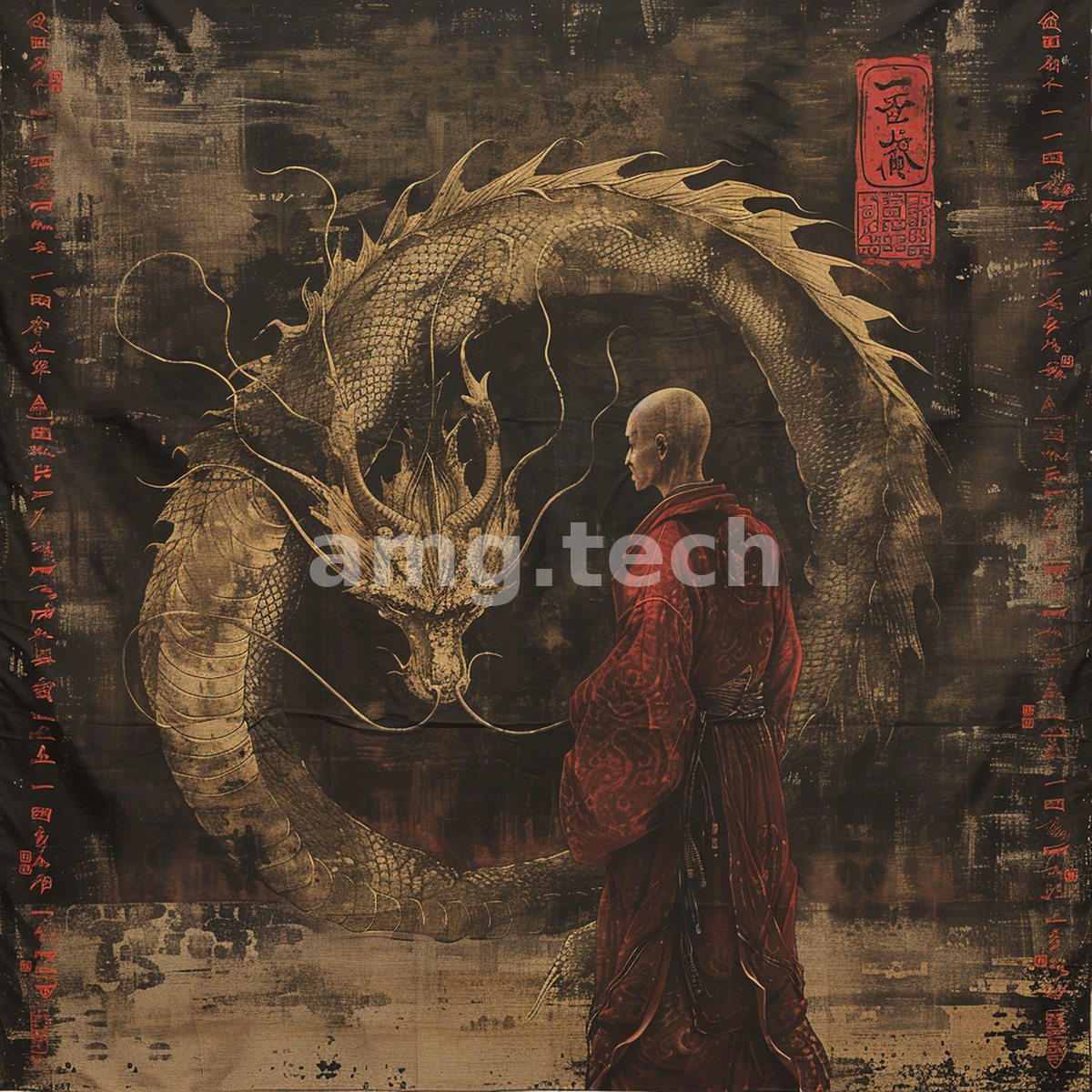 A monk in embroidered vermilion turns toward a vast golden dragon that curls through the shadows of a time-worn tapestry.