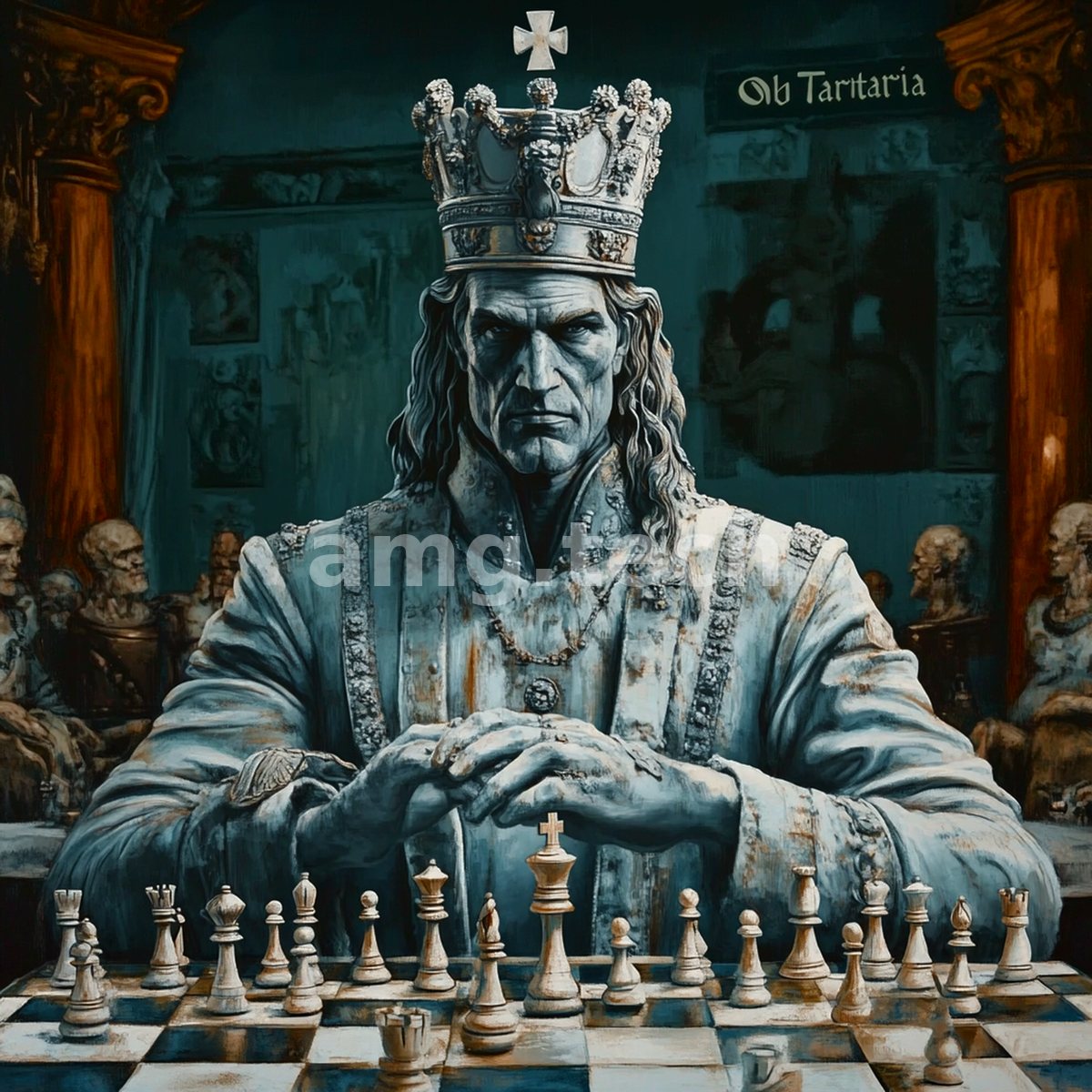A stern crowned sovereign in pale robes presides over a chessboard while shadowed courtiers watch from the gloom.