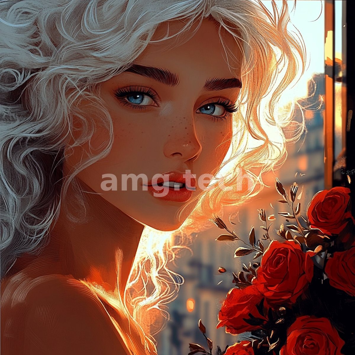 A luminous portrait of a pale-curled woman turning at a window, red roses glowing in the warm evening light.