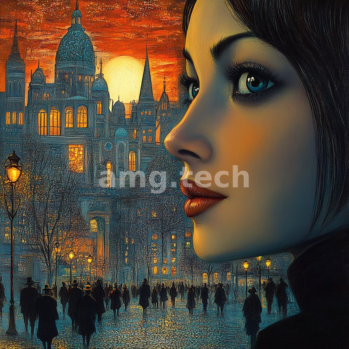 A woman's profile presides over a lamplit boulevard where cloaked figures drift beneath domes and spires at sunset.