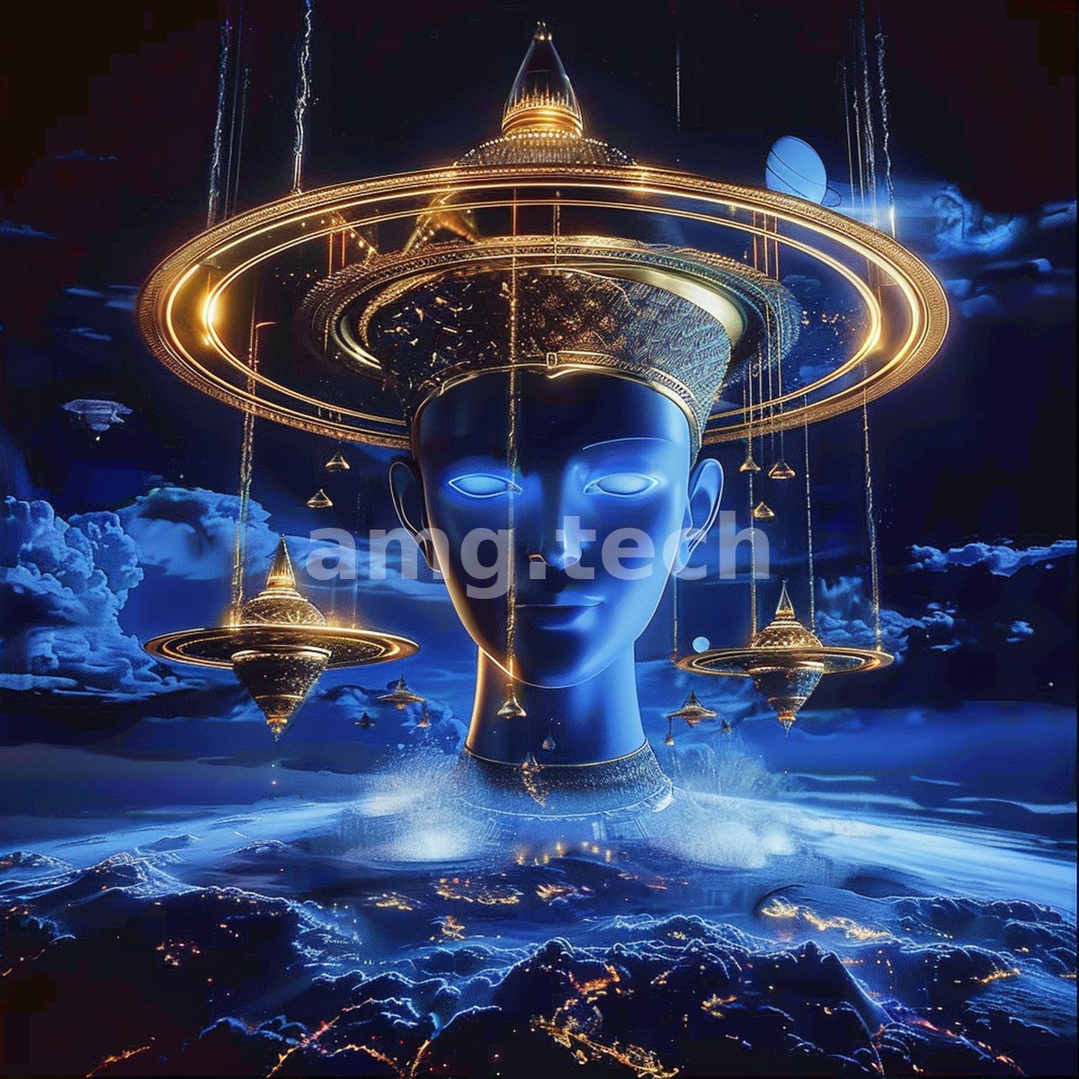 A serene blue visage crowned with luminous golden rings floats above a glowing, cloud-wreathed world at night.