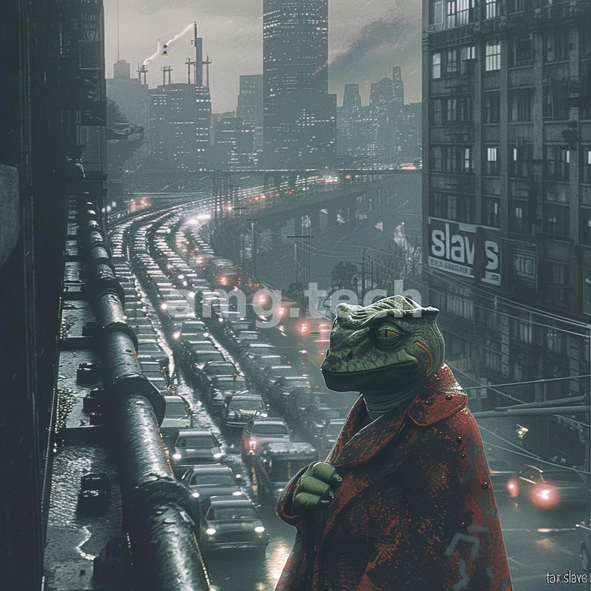 A cloaked saurian figure surveys a rain-slicked freeway gridlocked beneath a brooding megacity skyline at dusk.
