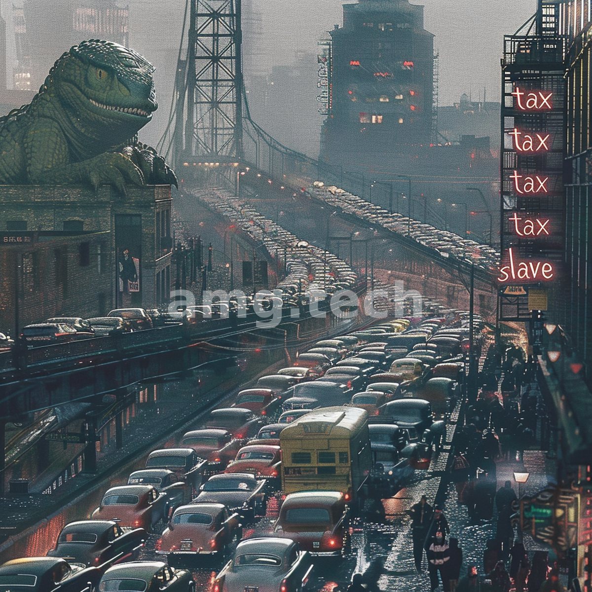 A colossal reptile presides over a vintage traffic jam as neon signs bleed crimson through the industrial haze.