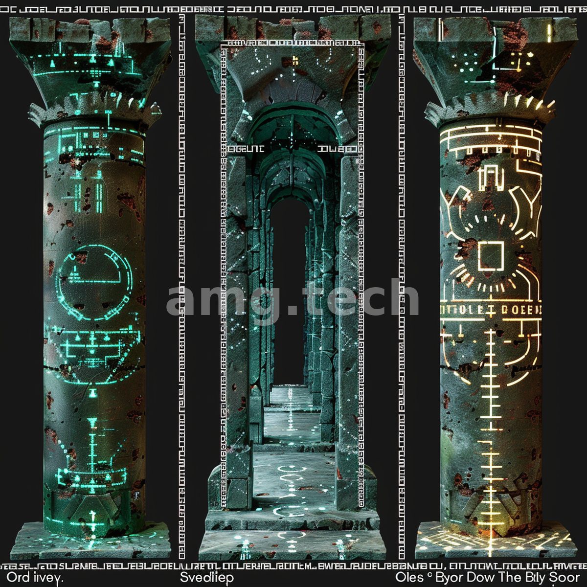 Three weathered stone pillars glow with luminous glyphs and arcane wiring, framing a receding colonnade of pale light.