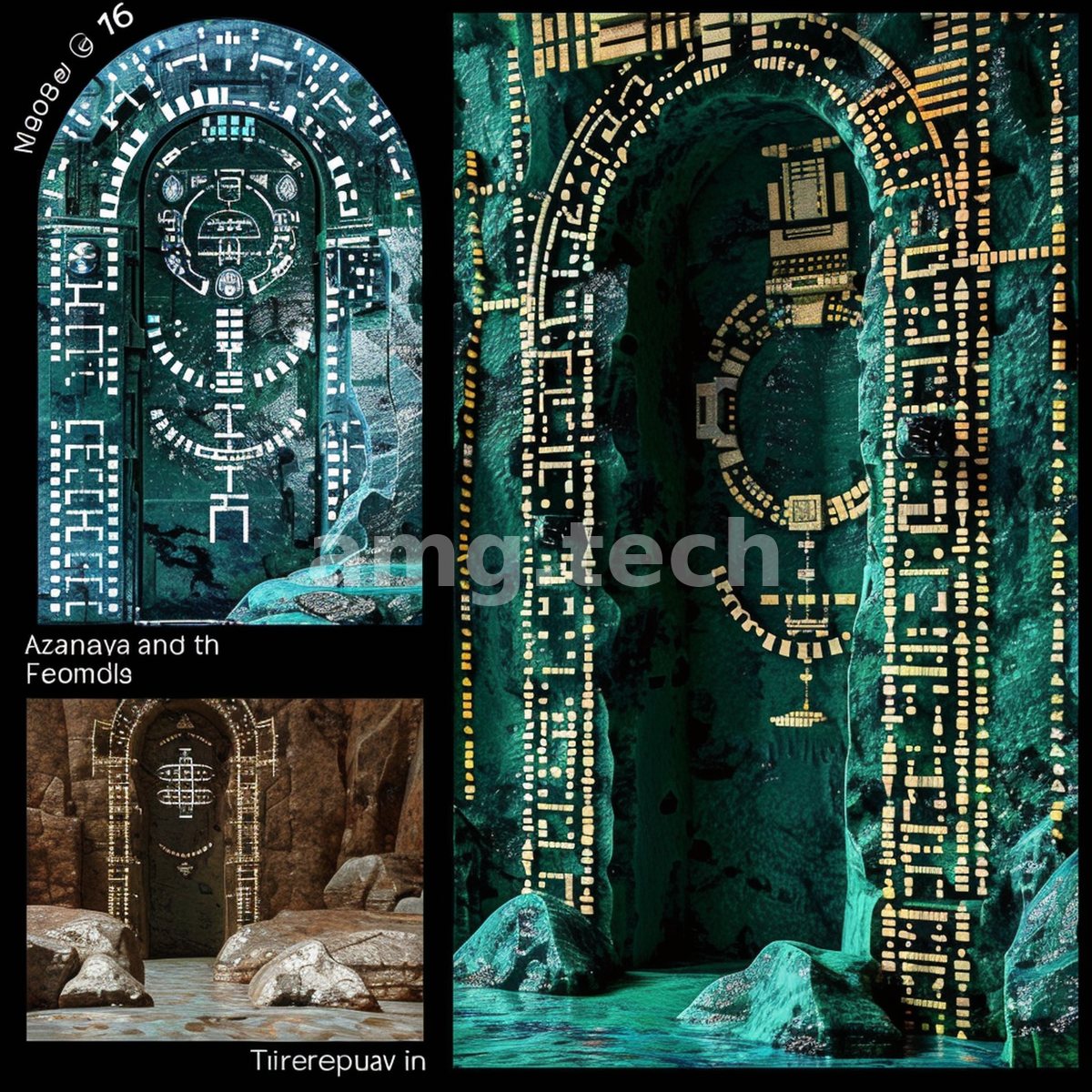Illuminated hieroglyphic doorways shimmer in verdant tones above a shallow pool, blending temple architecture with encoded light.