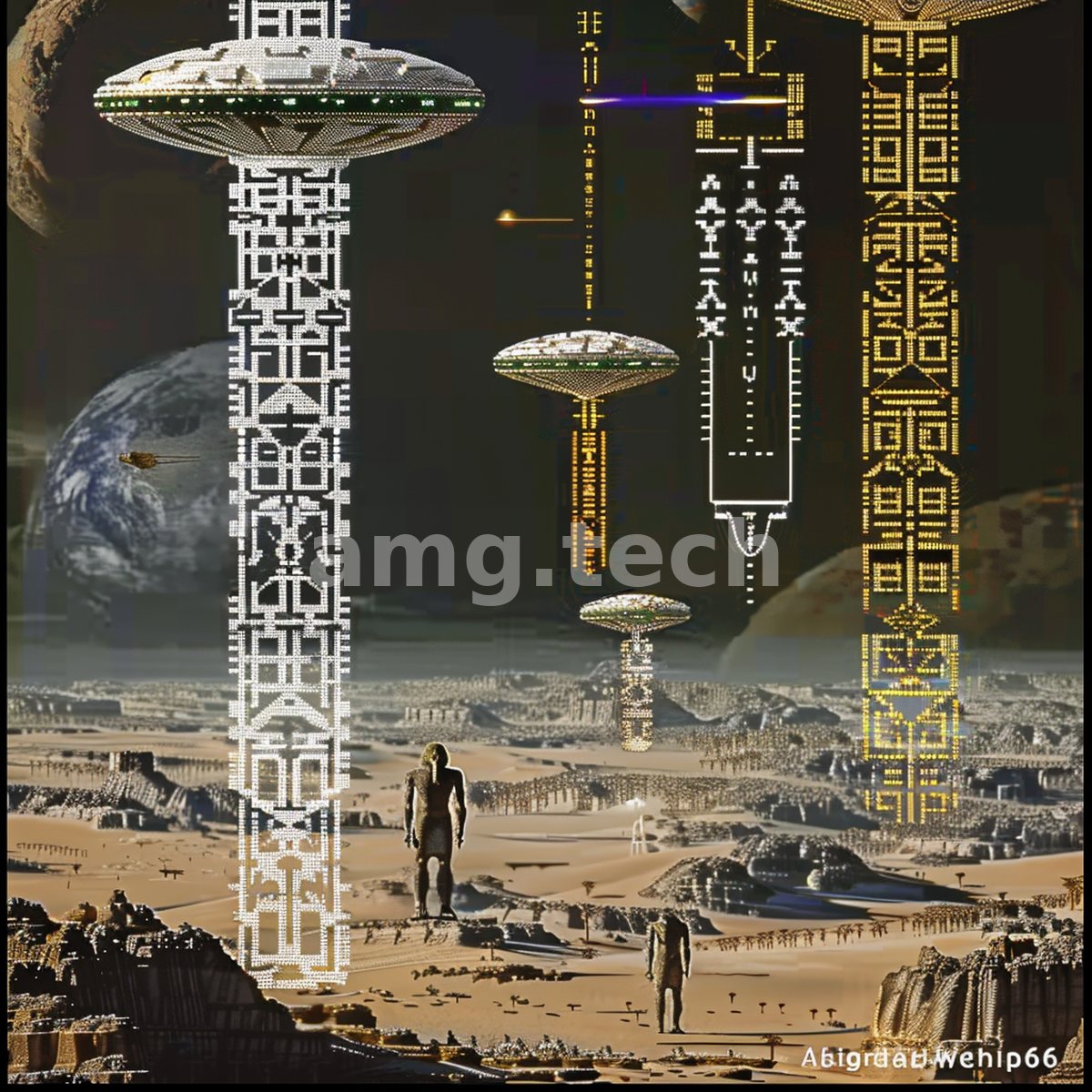Saucer-craft trailing filigreed columns of light hover above a vast desert metropolis while solitary figures watch the arrival.