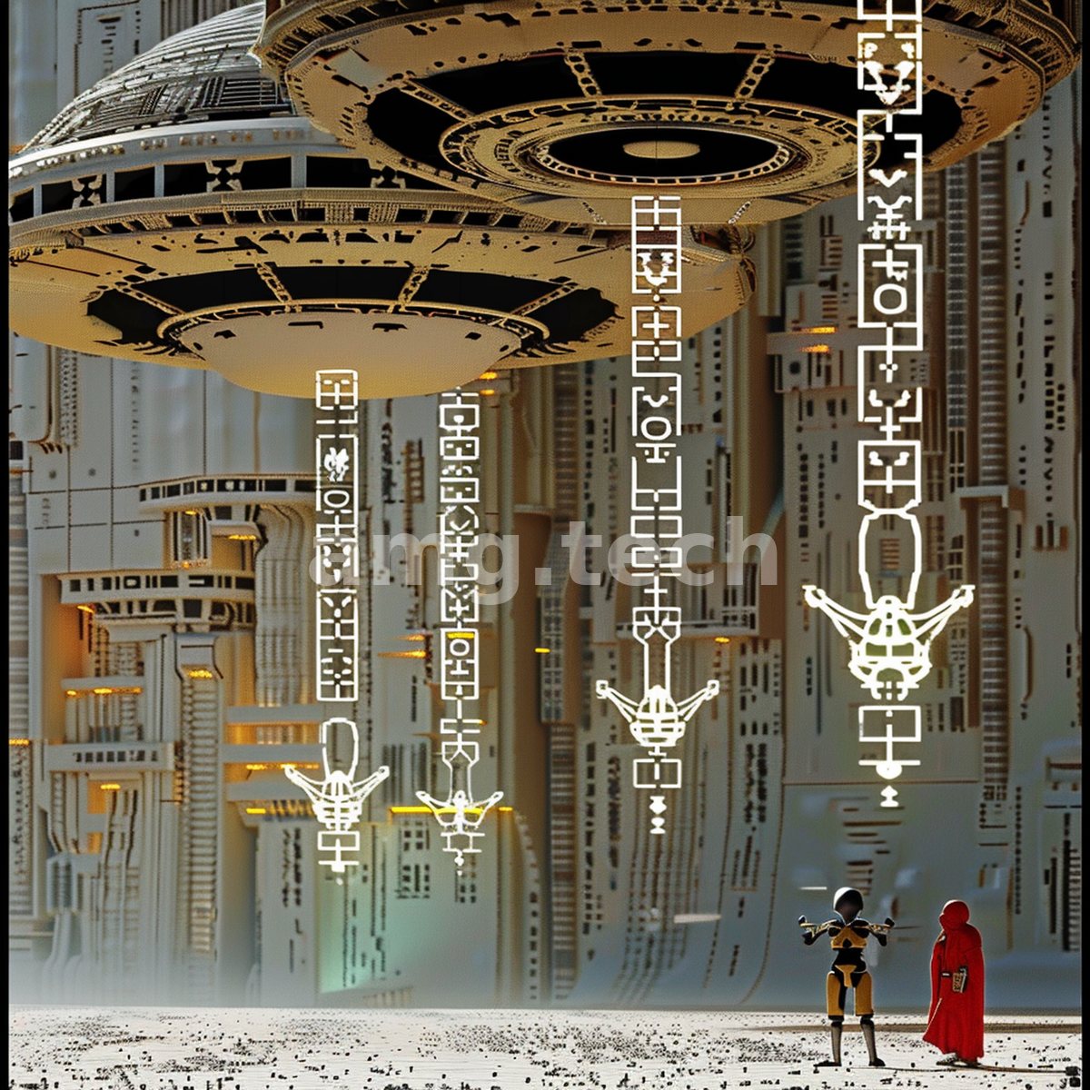Immense discs hang low over a monumental white city as a robed figure and a slender automaton await below.