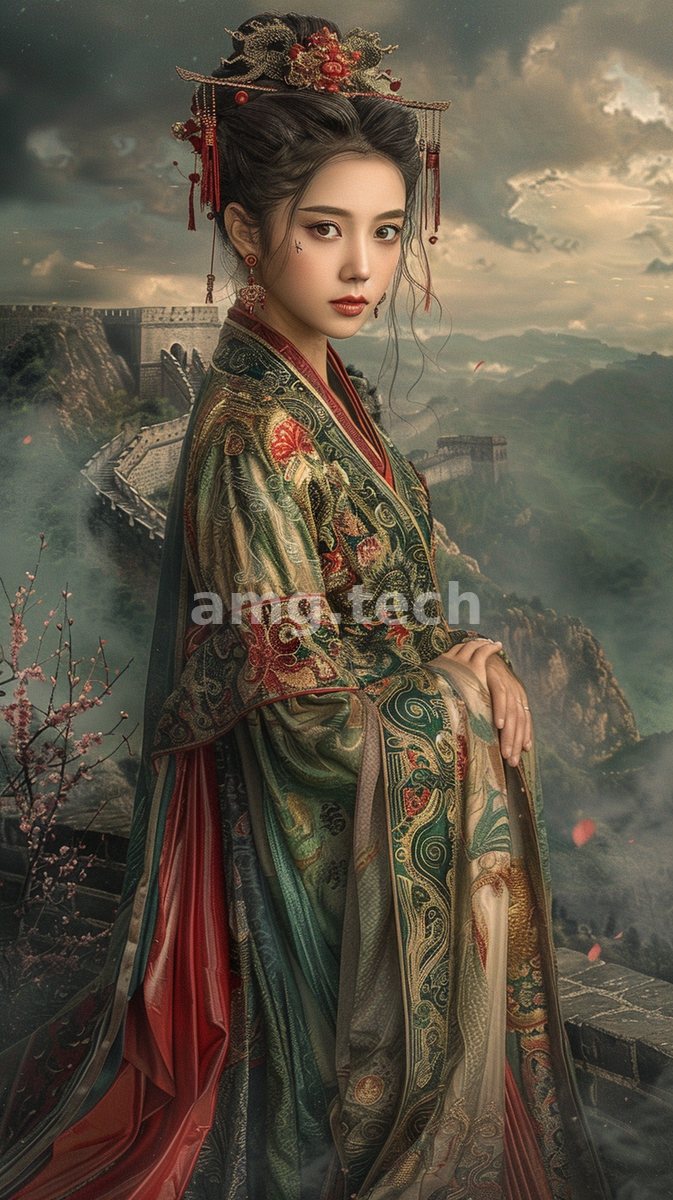 A noblewoman in jewelled headdress and flowing brocade stands serene above the mist-wreathed ramparts winding through distant mountains.