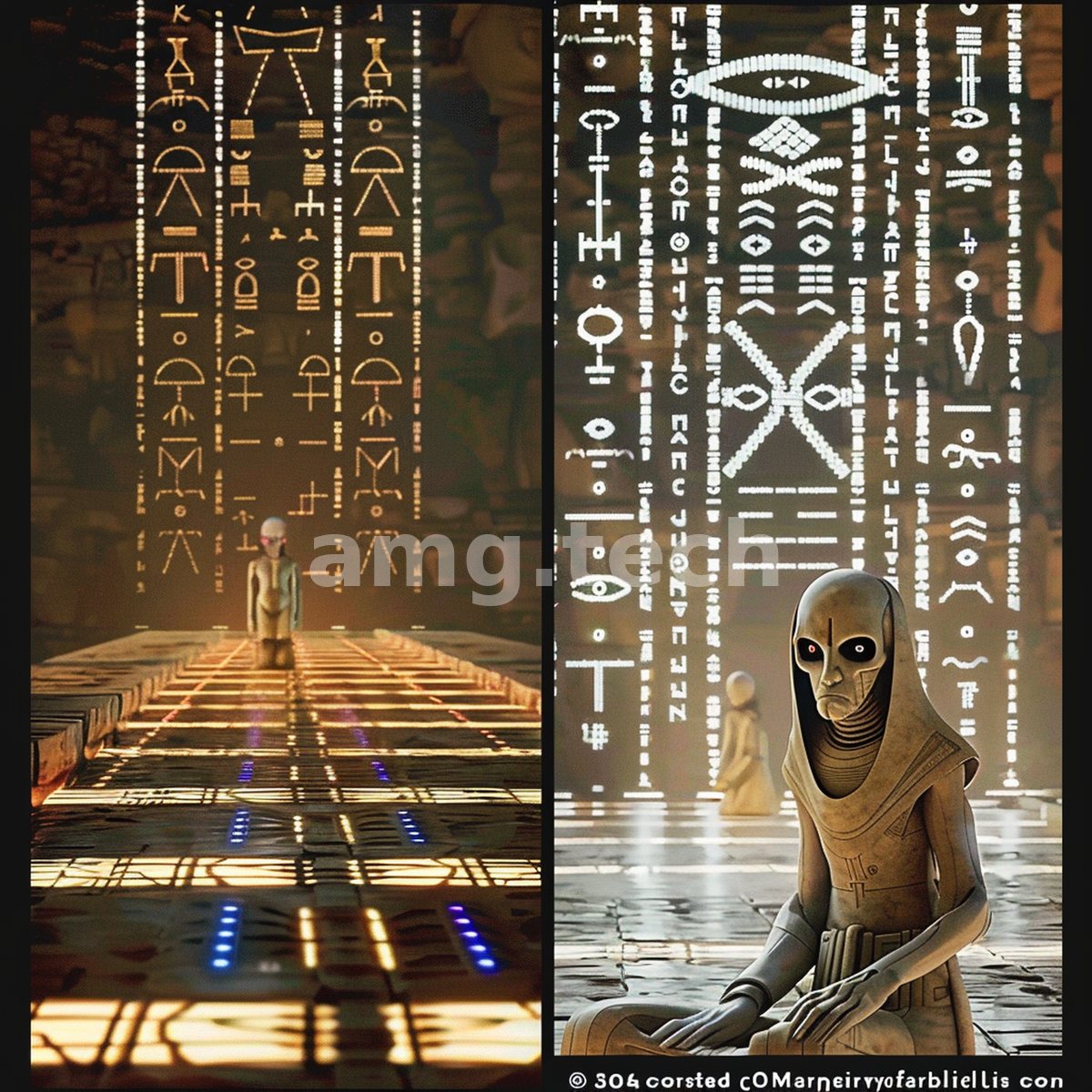 A hooded emissary kneels within a luminous corridor of alien script, its pale mask turned toward the seated pilgrim beyond.
