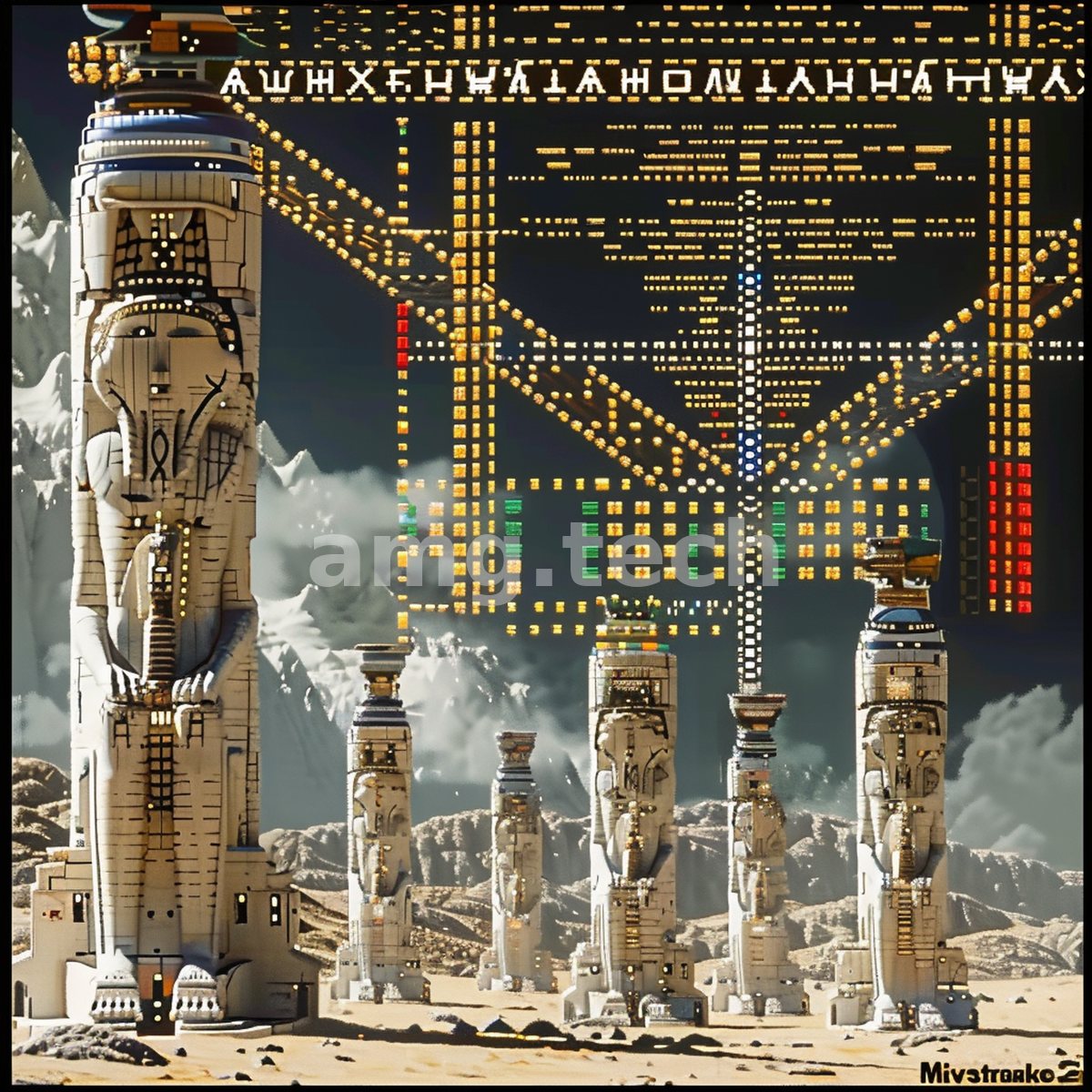 Sculpted sentinel towers rise across a snowbound expanse beneath a vast lattice of golden and crimson signal lights.