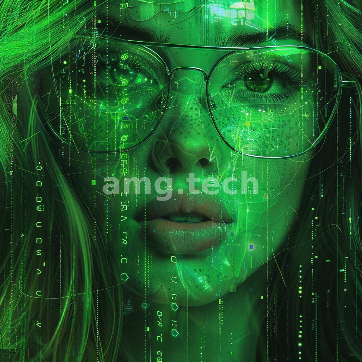 A woman in aviator glasses gazes through cascading emerald data streams, her features dissolving into luminous cipher and rain.
