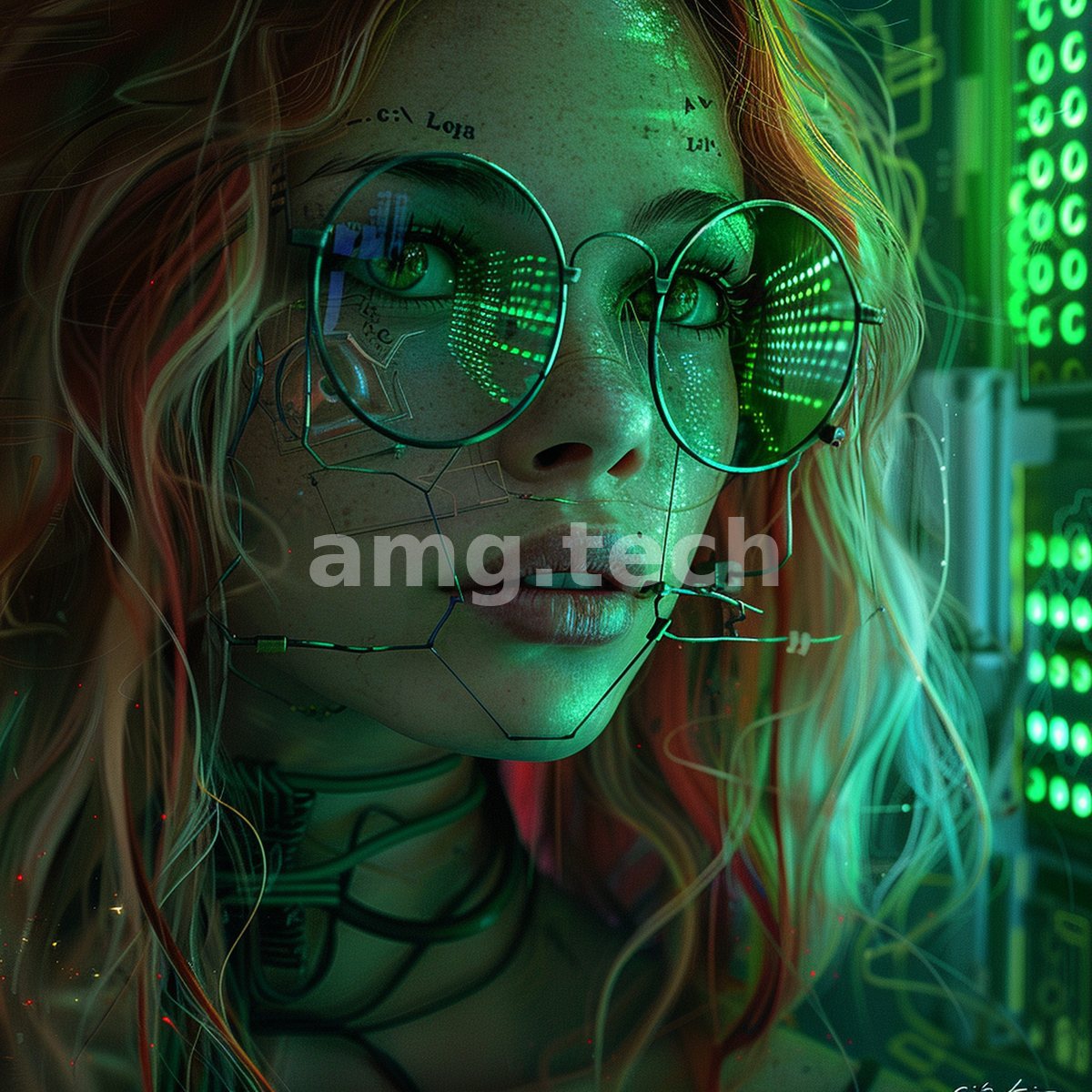 A cybernetic woman in round spectacles reflects glowing green matrices, her cracked porcelain face lit by server-bank radiance.