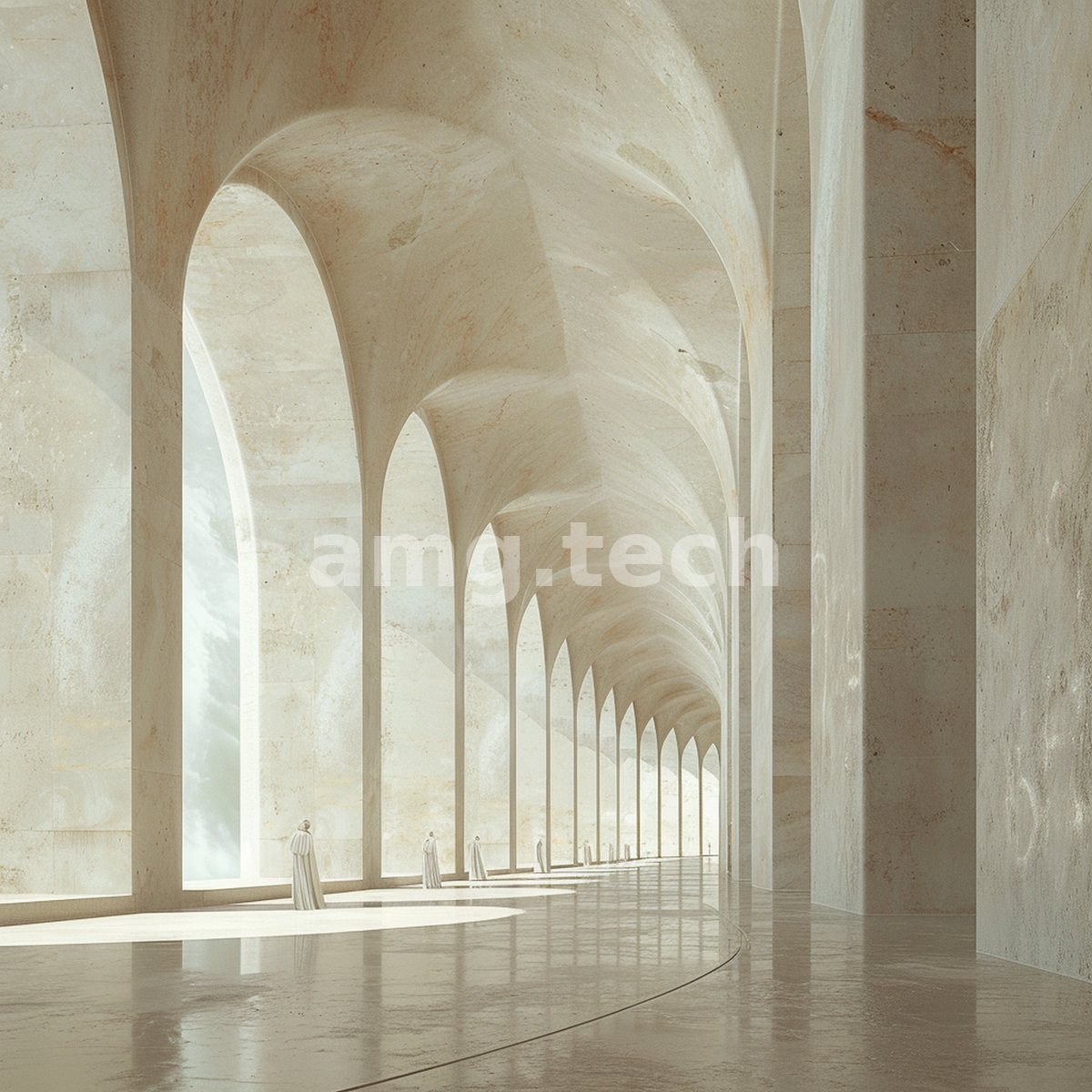 Robed figures drift beneath a sweeping vaulted arcade of luminous travertine, dwarfed by the endless procession of arches.