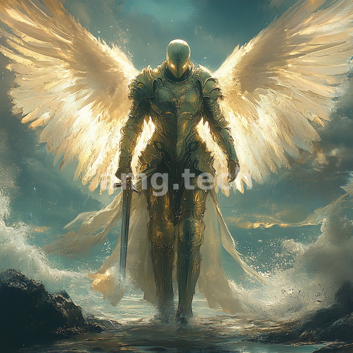 A radiant winged warrior in golden armour rises from crashing surf, sword lowered against a luminous, storm-swept sky.