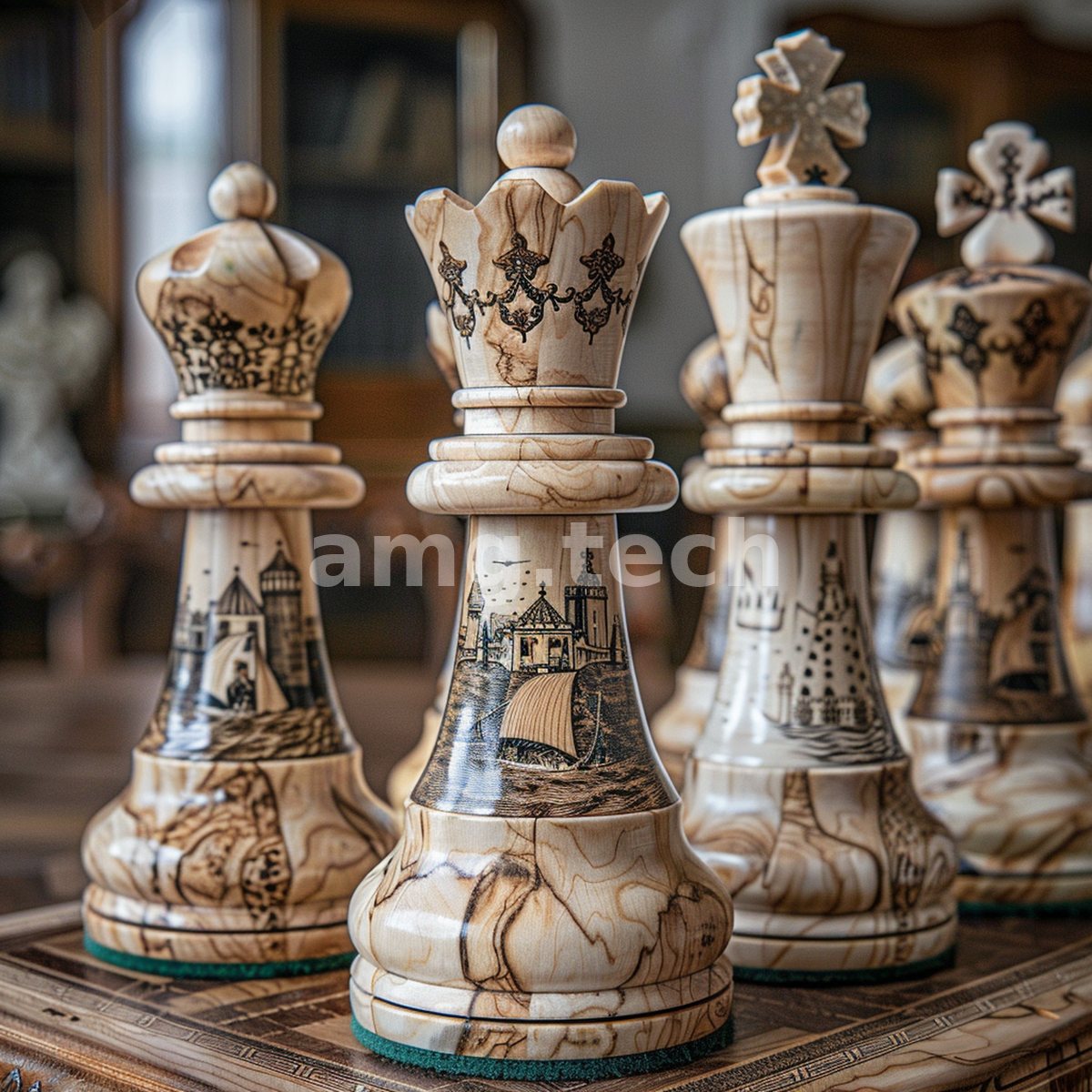 Hand-engraved wooden chess pieces bear delicate maritime scenes of ships and towers, arrayed upon an inlaid board.