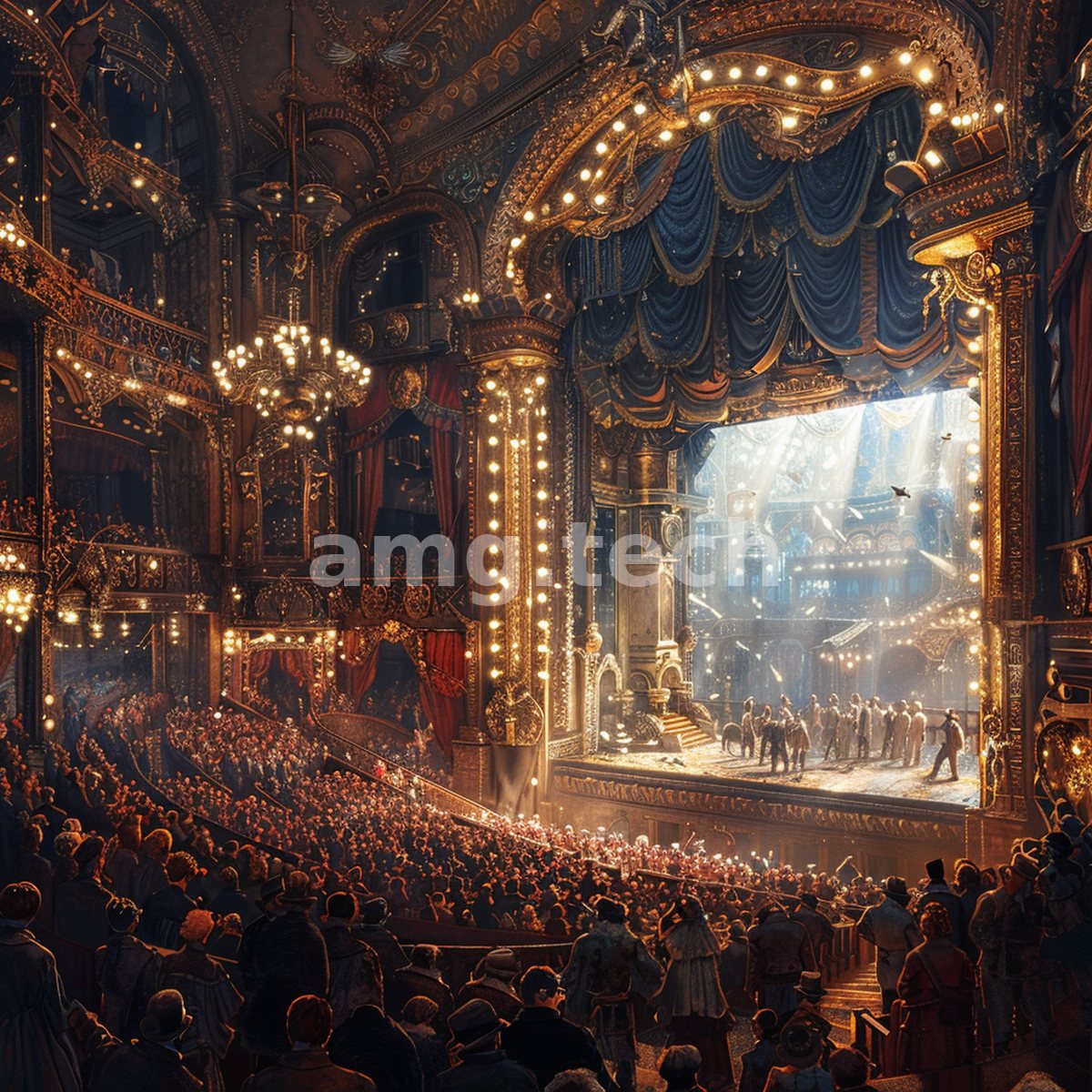 A gilded belle epoque auditorium ablaze with lamplight, its rapt audience drawn toward a luminous stage in full theatrical splendour.