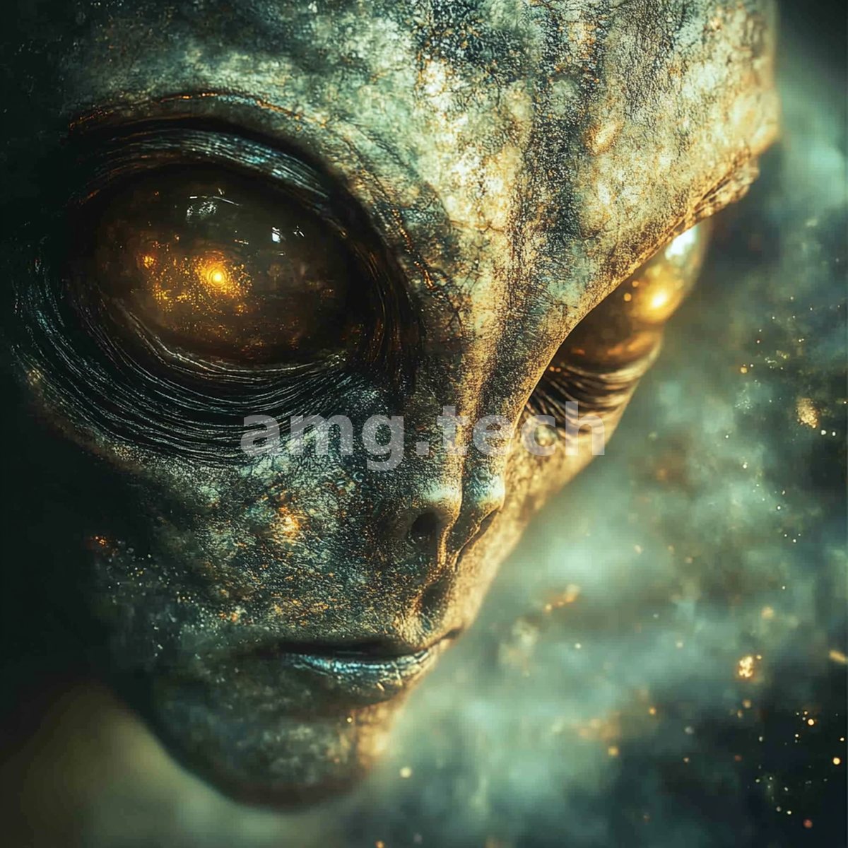 An extraterrestrial visage rendered in weathered stone and molten gold, its cosmic eyes glowing amid a drift of stardust.