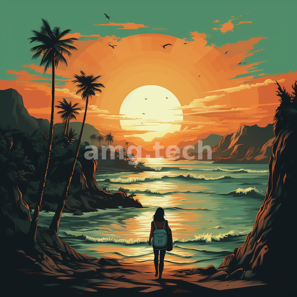 A lone traveller with backpack descends toward the surf as a vast sun sinks between palm-clad headlands, rendered in bold graphic warmth.