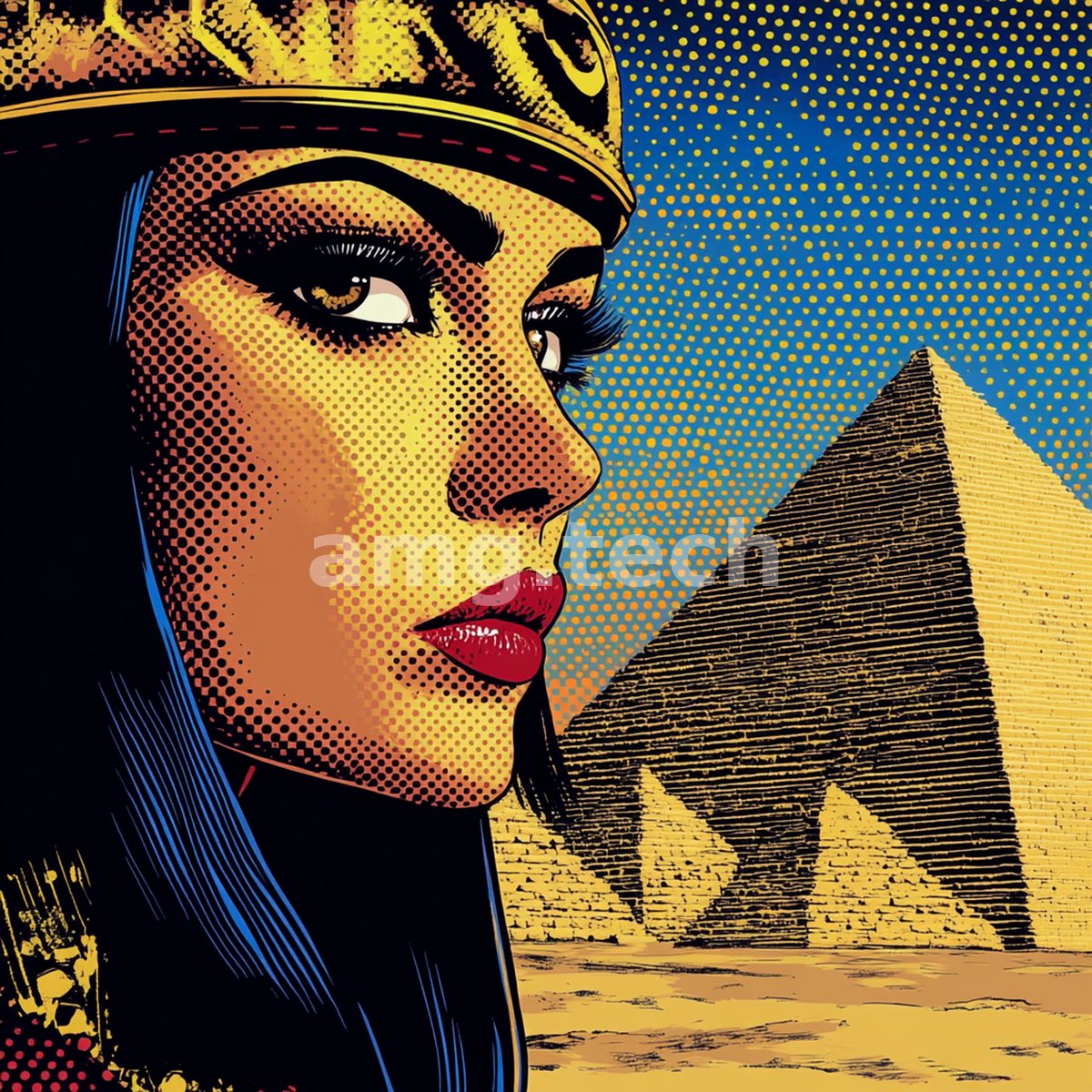 A striking profile in bold pop-art halftone gazes past the golden pyramids beneath a cobalt sky, lips vivid against the desert.