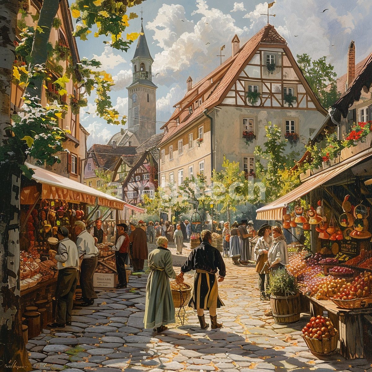 Sunlight spills across a cobbled square where villagers browse laden stalls beneath timbered gables and a distant church tower.