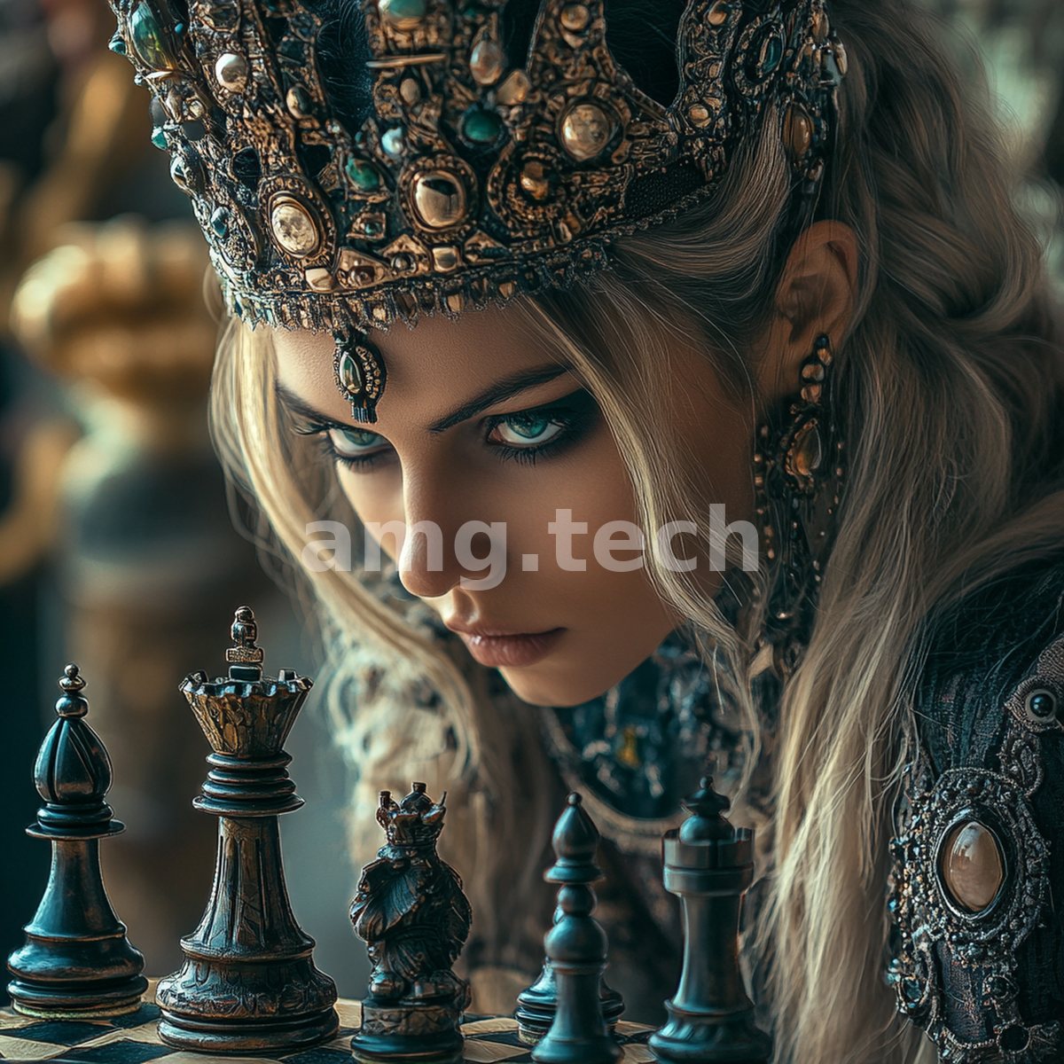 A crowned beauty in jewelled regalia contemplates her carved pieces, her steady gaze poised over an impending move.