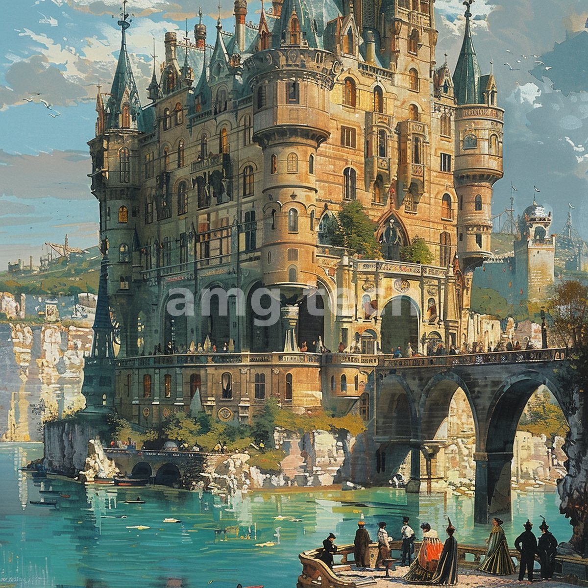 A soaring fairytale citadel of turrets and arched bridges rises above a jade harbour, admired by strollers in period dress.