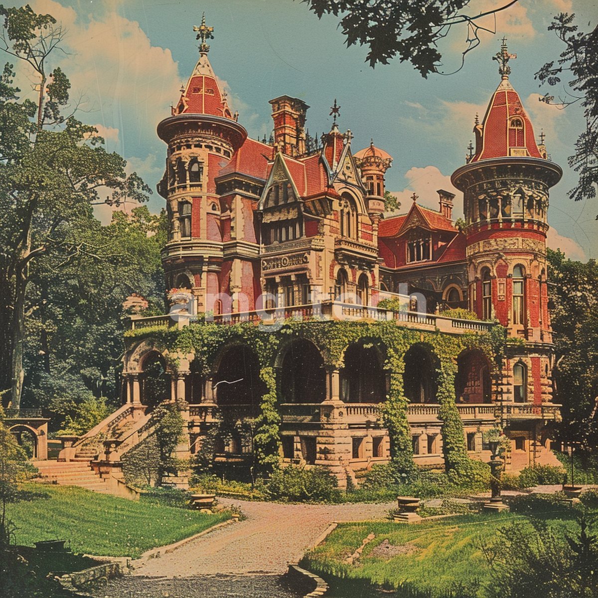 A resplendent Victorian mansion of red gables and ivied verandas presides over its wooded grounds in nostalgic afternoon light.